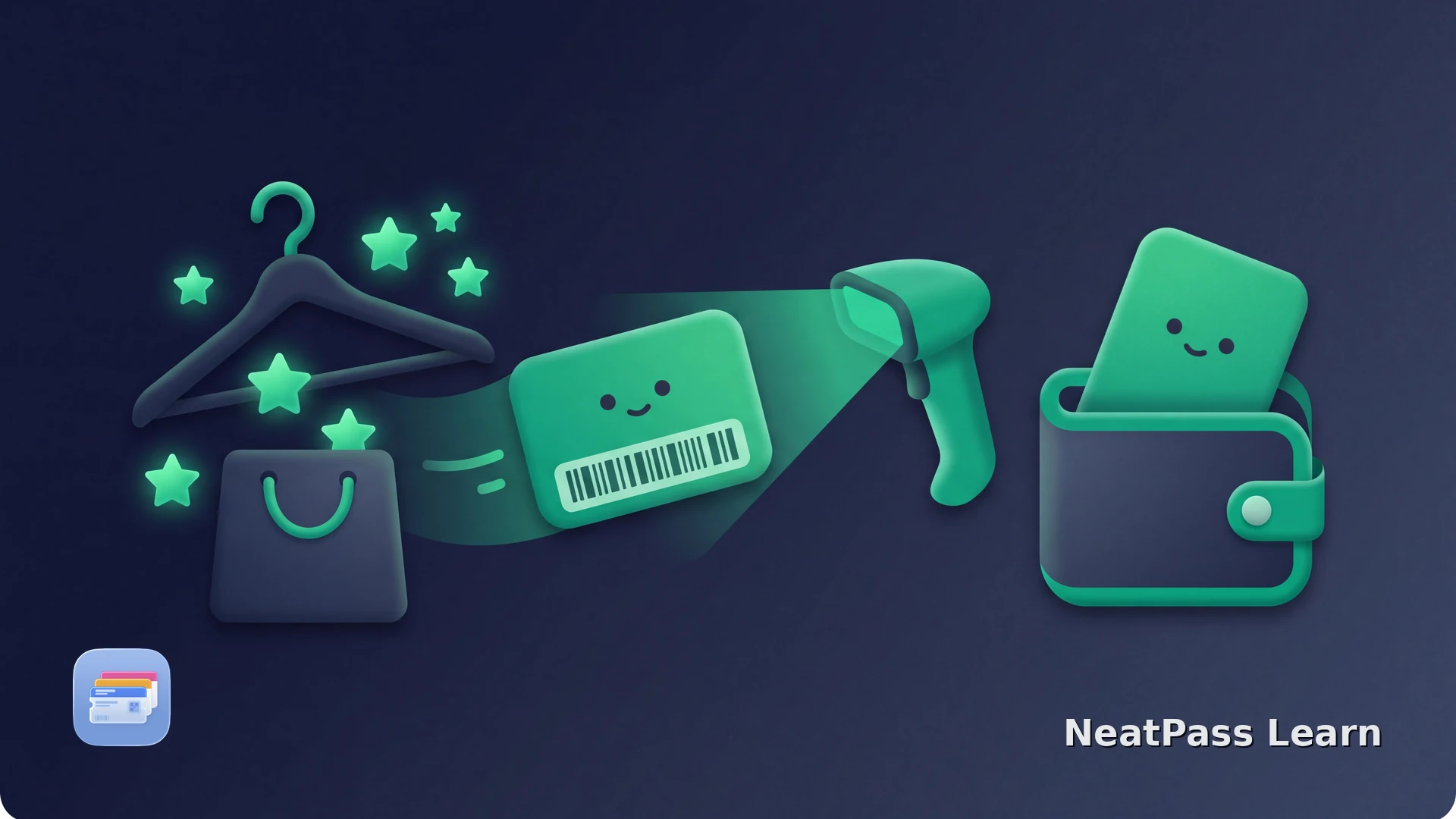 A stable retail rewards card moves from a clothing bag through a scanner into a wallet pouch