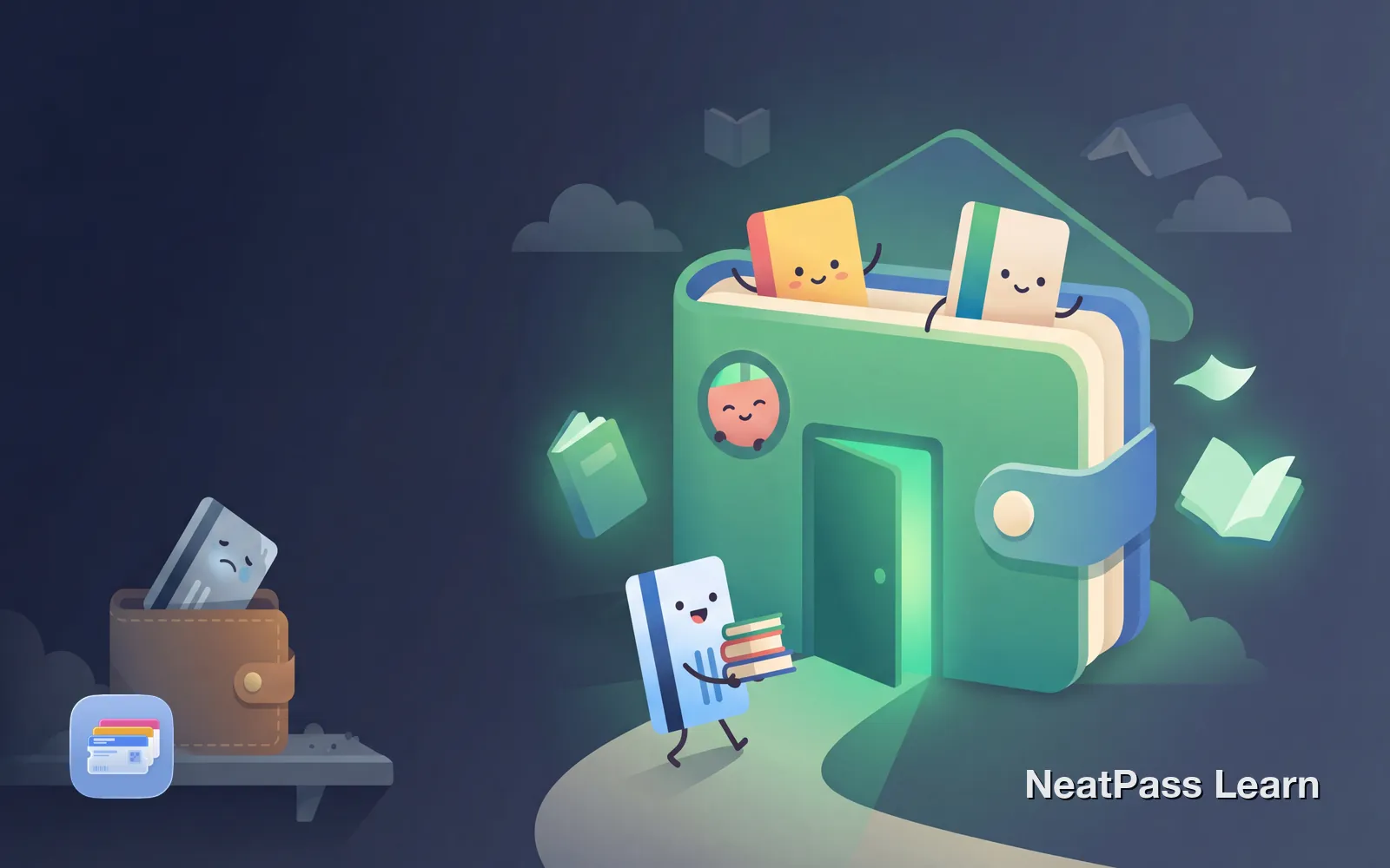 Stylized library card with book icon floating toward a welcoming wallet with emerald glow, surrounded by gentle book shapes