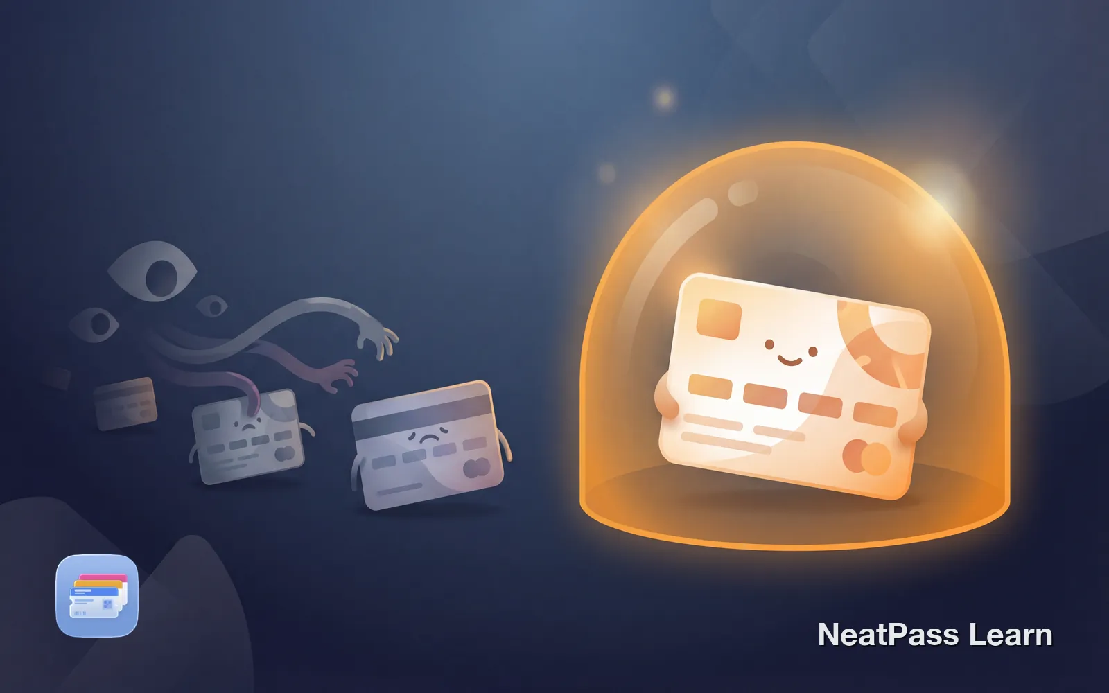 Happy loyalty card protected inside a glowing amber shield dome while shadowy tracking eyes lurk outside