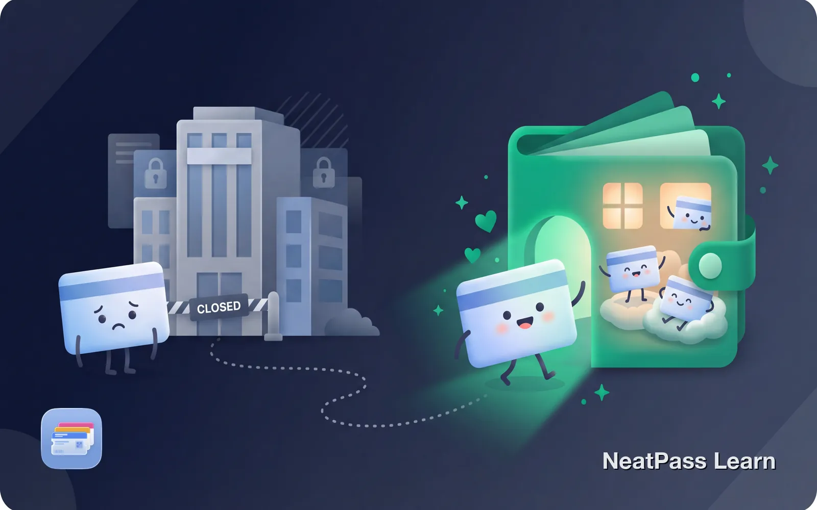 A frustrated loyalty card standing outside a closed wallet, while another card happily walks in through a side door