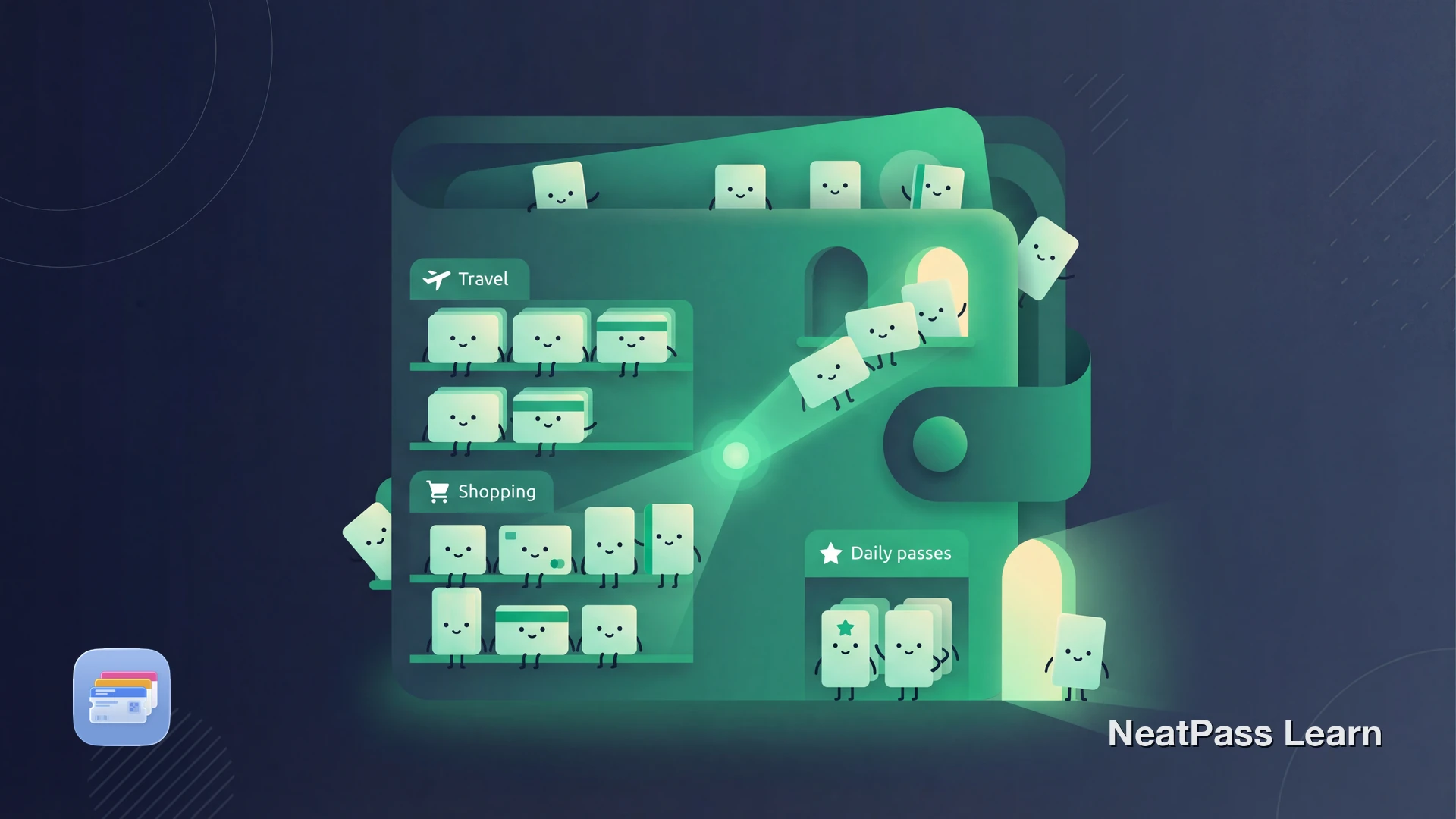 Colorful pass cards with happy faces neatly organized in labeled collection folders inside a cozy wallet home