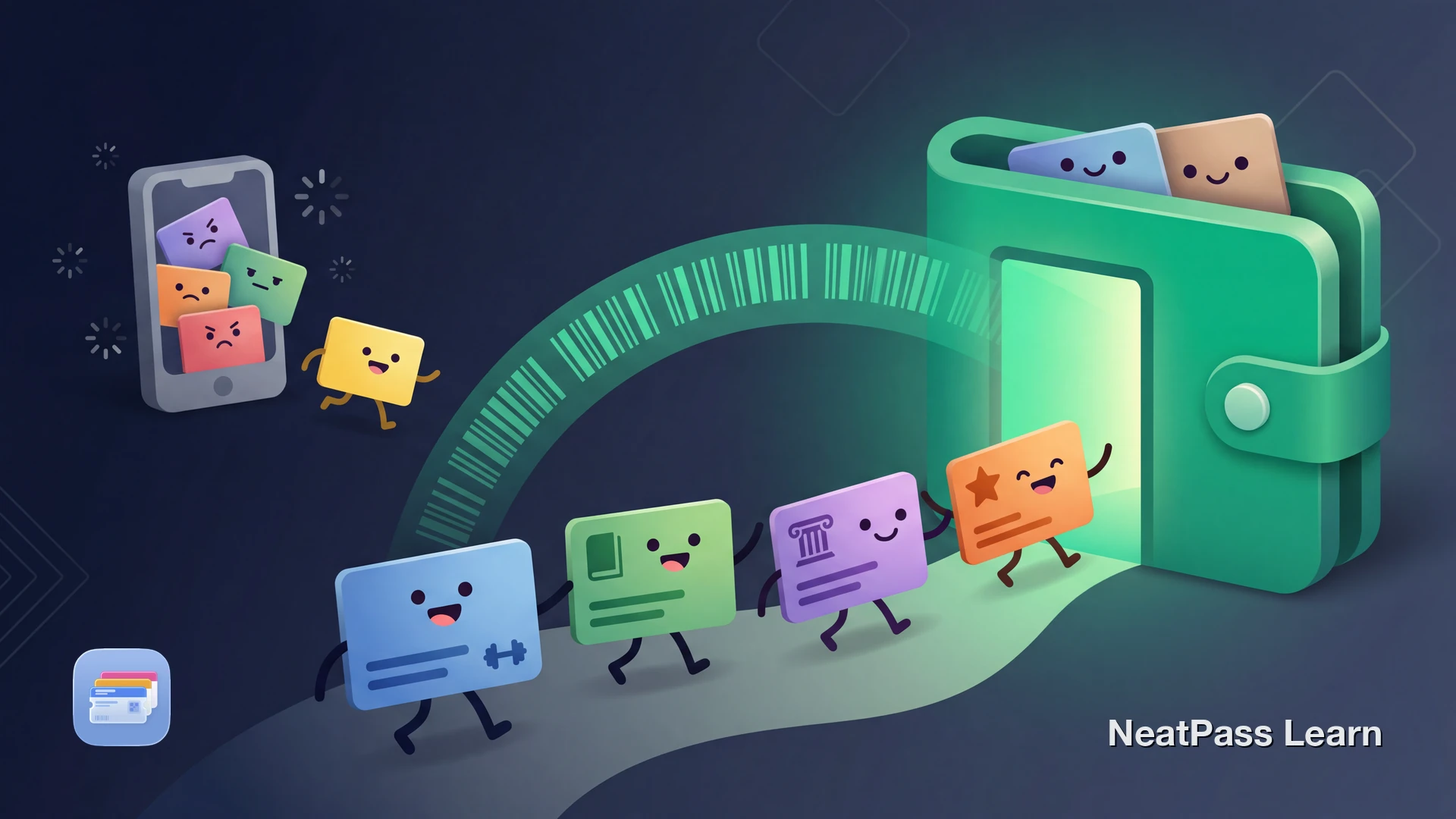 A set of membership cards for gym, club, and library being scanned into Apple Wallet as clean digital passes