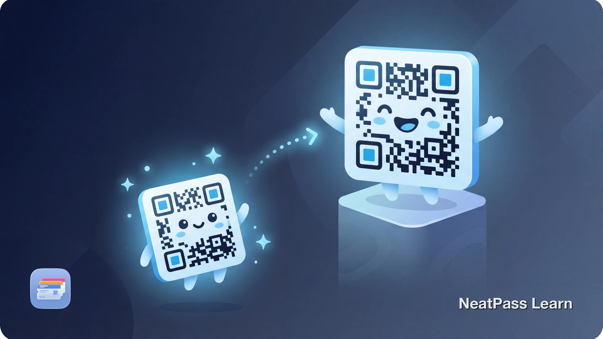 A tiny Micro QR code transforming into a standard QR code with a friendly expression, showing the conversion process