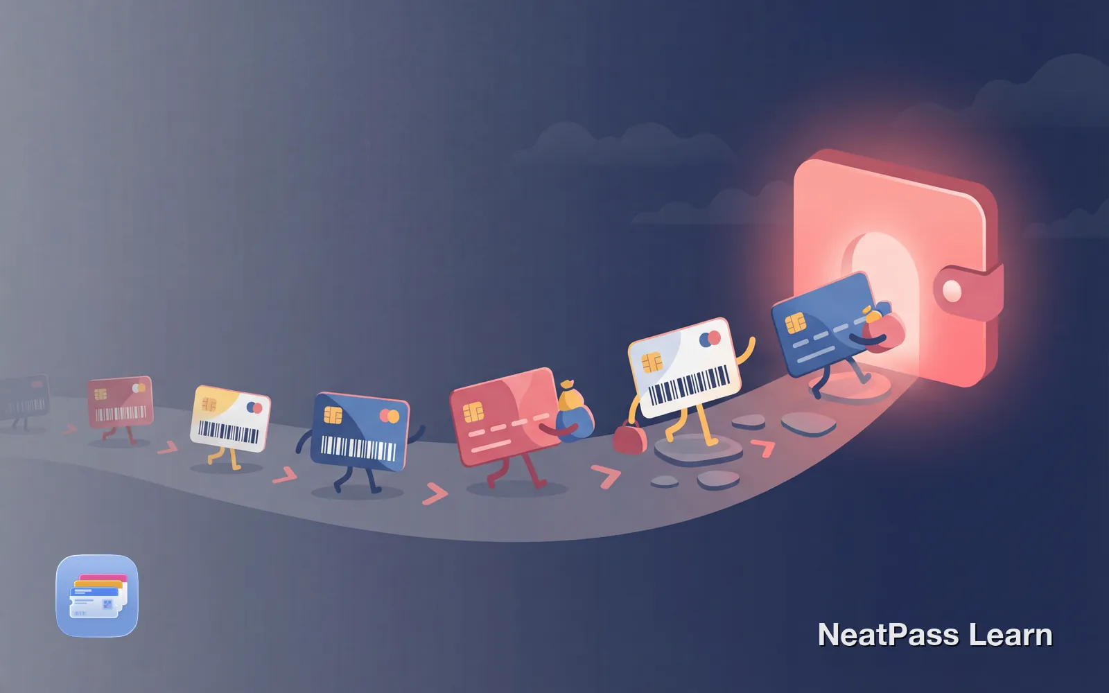 Colorful loyalty cards walking in a line along a path toward a glowing coral wallet