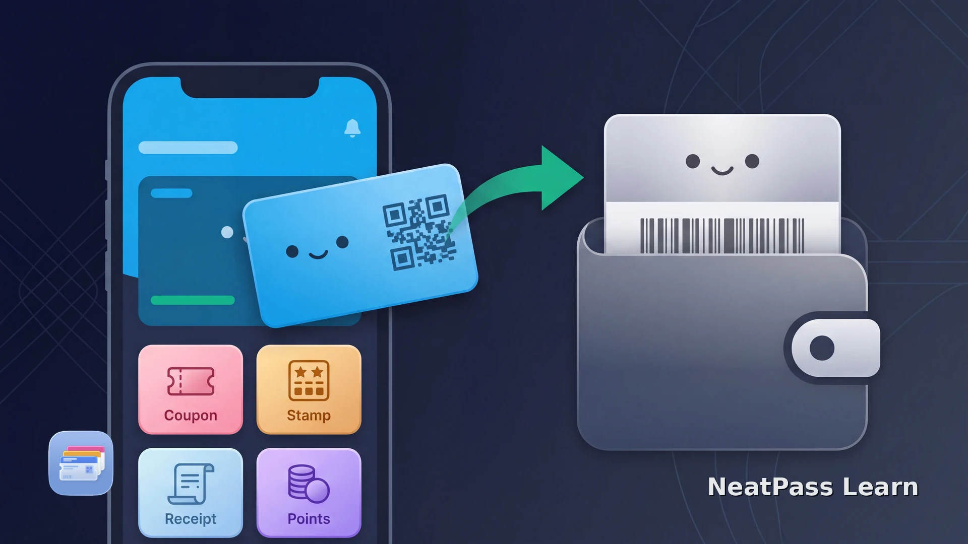 Illustration of a blue loyalty card with a QR code moving from a phone screen into a digital wallet, with coupon, stamp, receipt, and points icons.