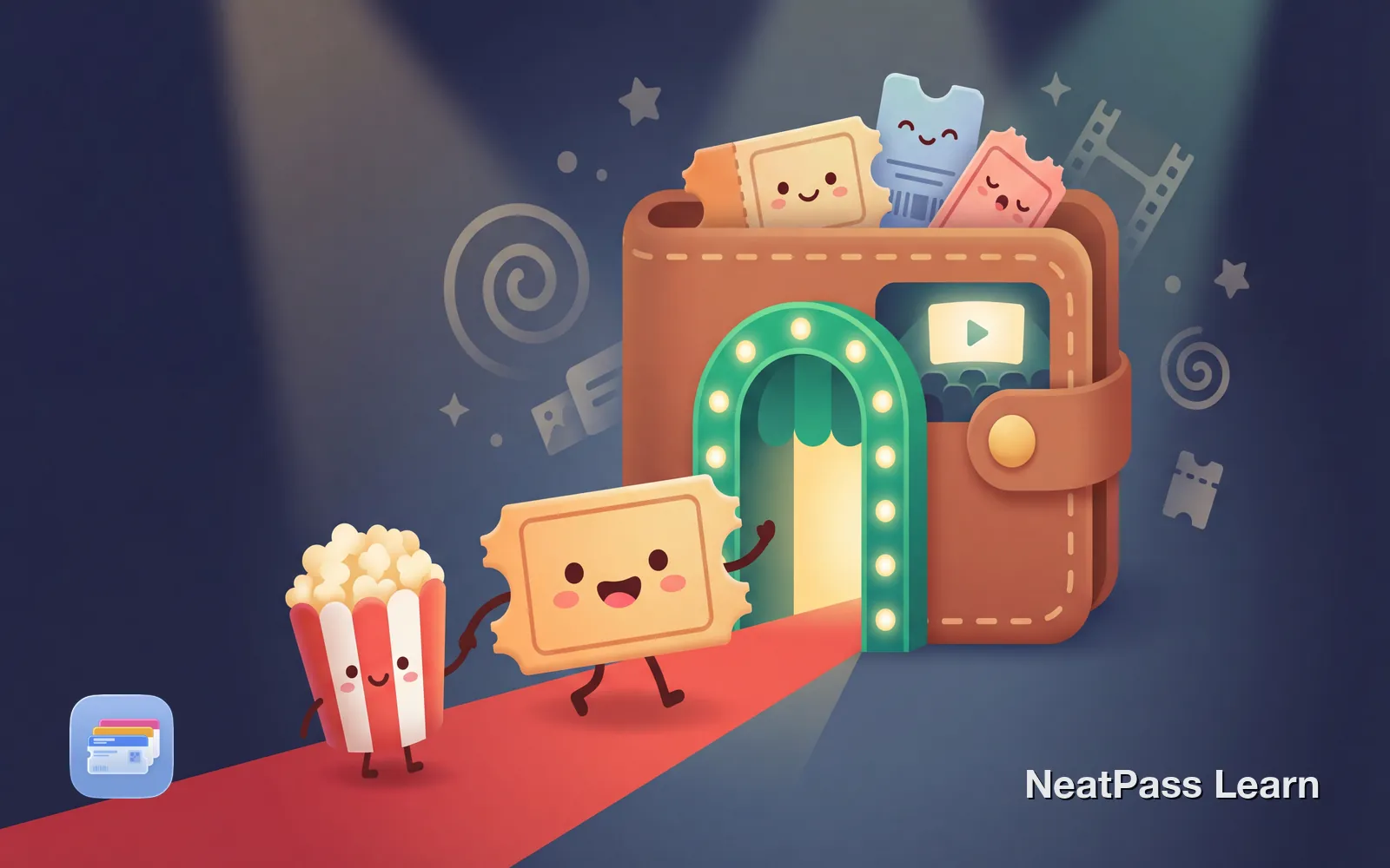 A movie ticket with popcorn happily entering Apple Wallet, with a cinema screen in the background