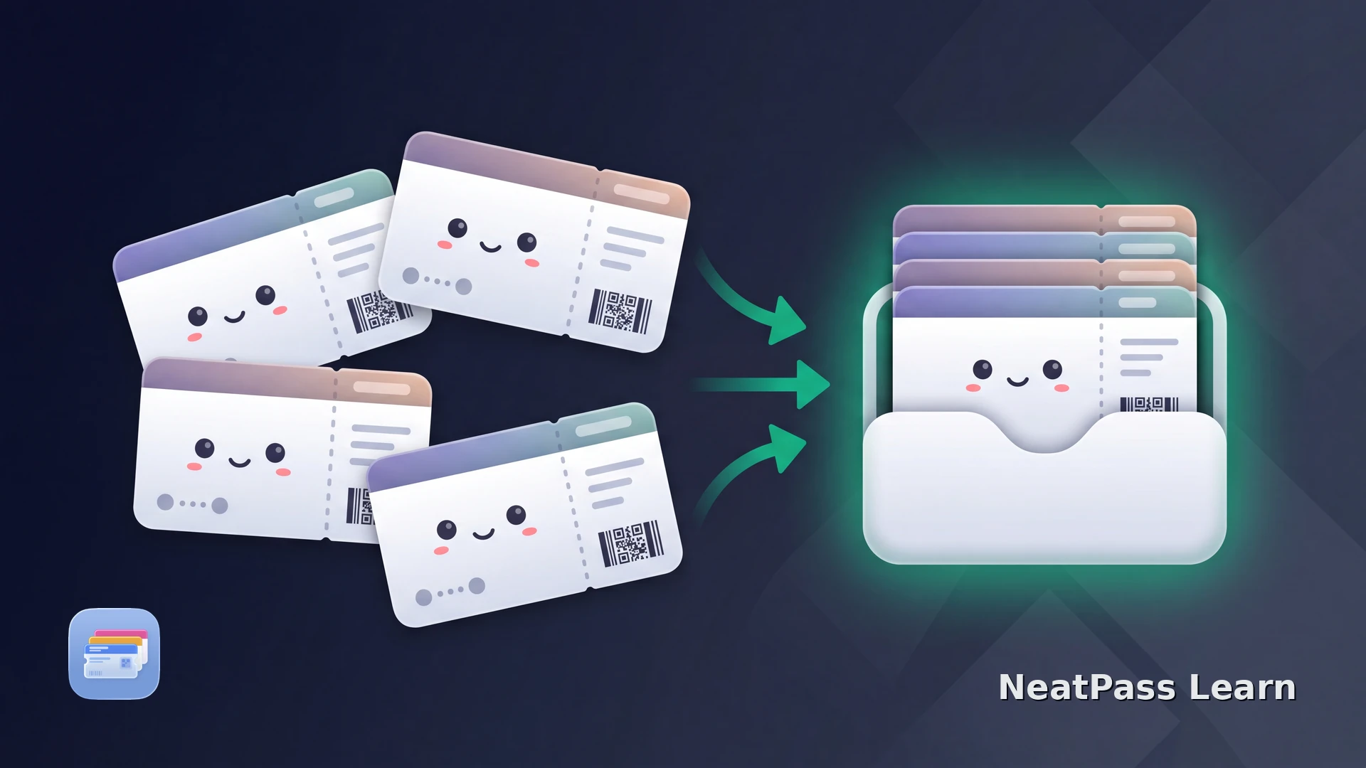 Four illustrated boarding passes for different passengers and flight legs flowing into a stacked Wallet holder