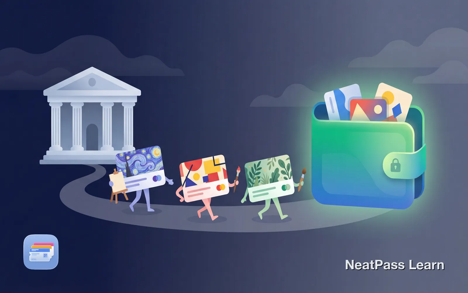 Museum building with colorful membership cards flowing into a welcoming wallet pass with emerald accents