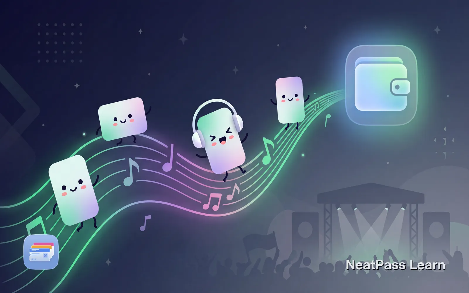 Colorful festival passes with happy faces floating toward a wallet-stage under a starry sky with distant festival tents