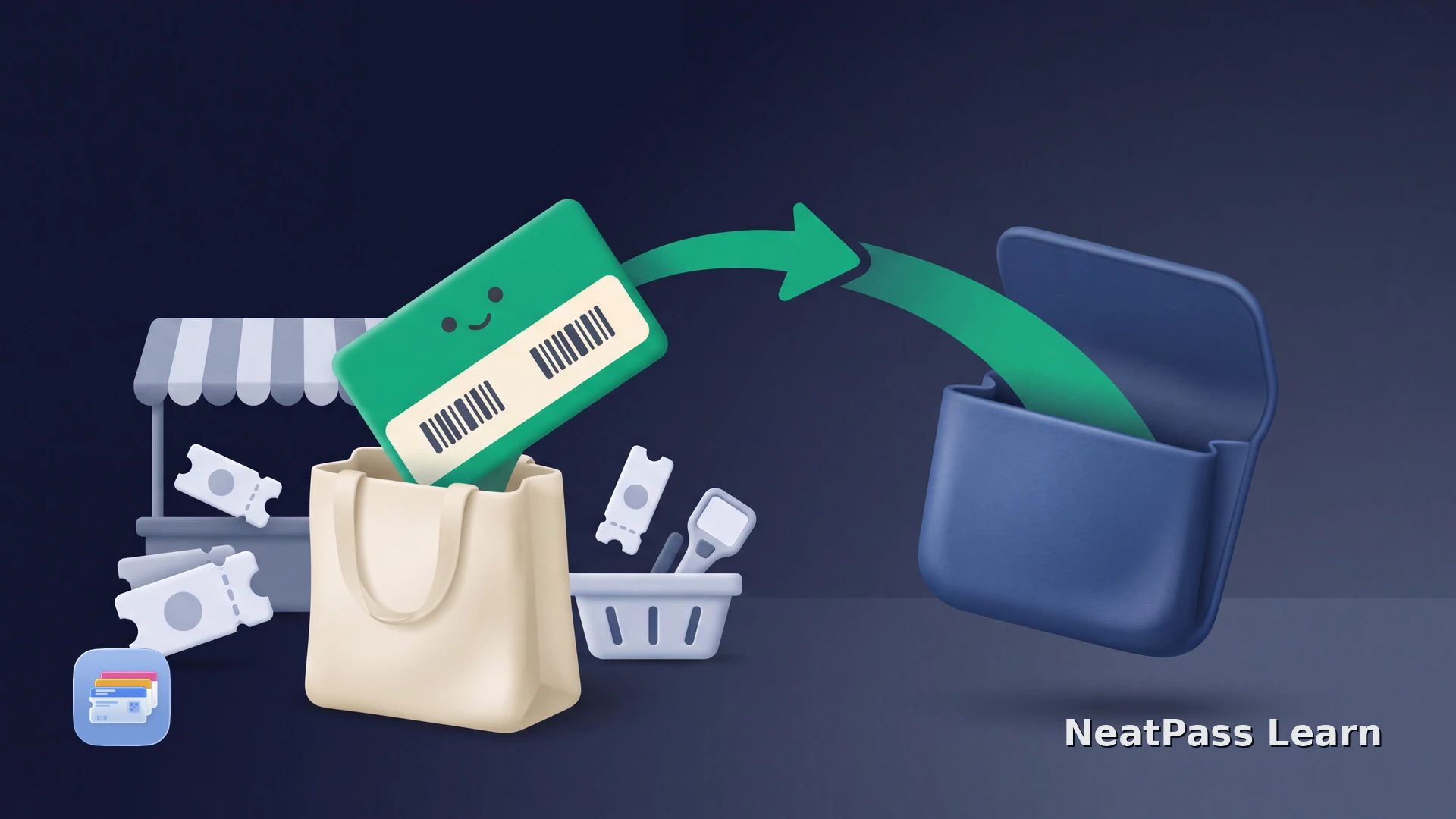 A grocery membership card rises from a shopping tote and follows a path into a wallet pouch