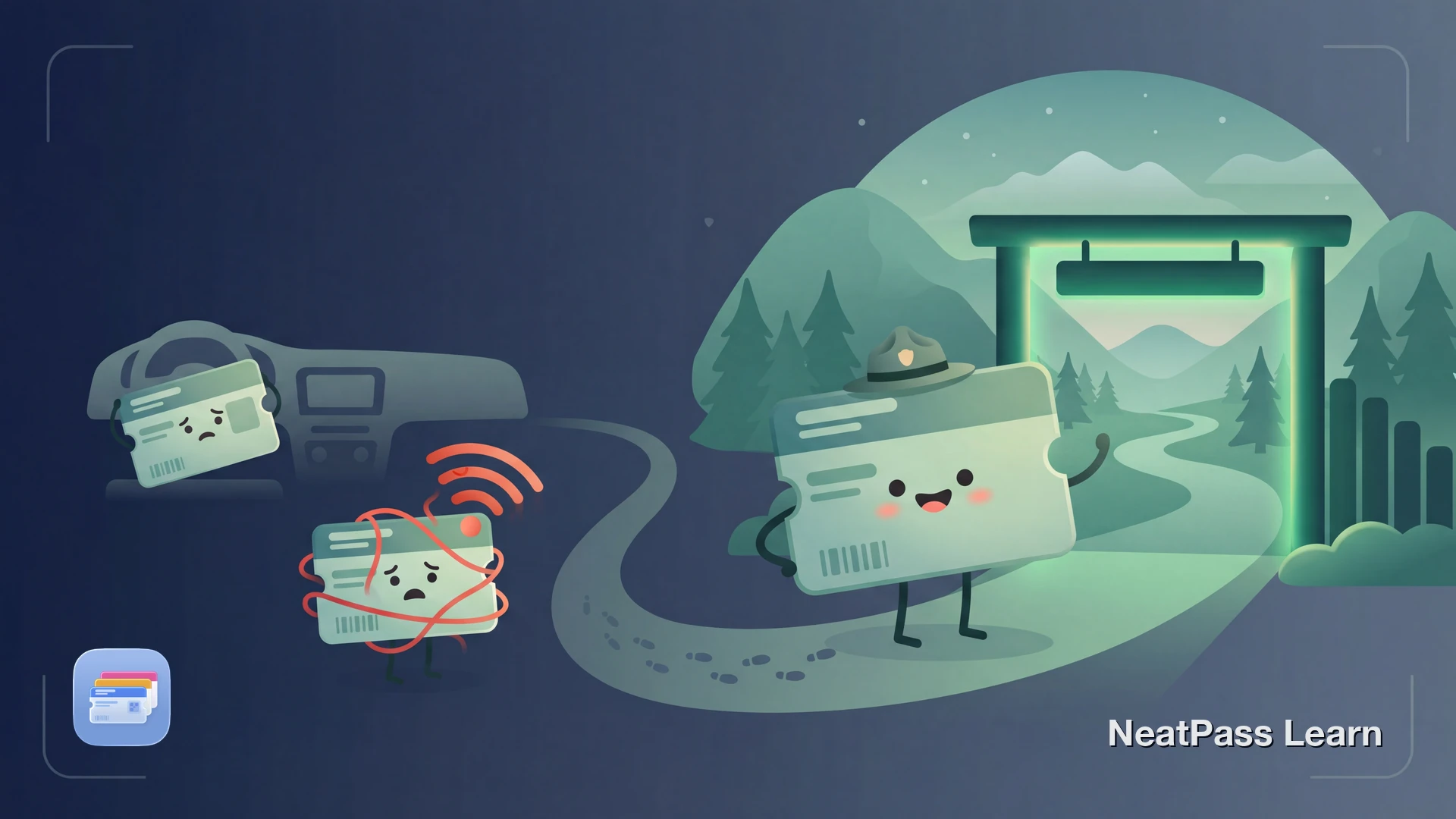 Friendly illustrated park pass card with a cute face floating toward a welcoming wallet amid stylized trees and mountains