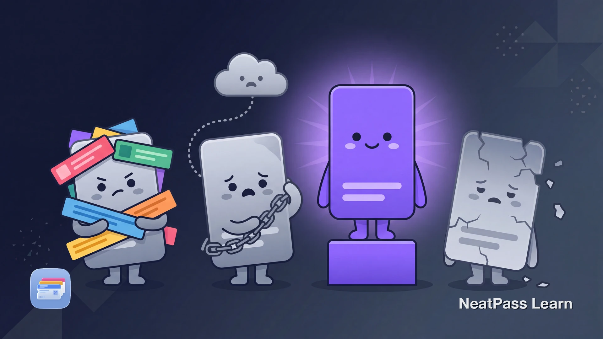 A lineup of cute pass-card characters with simple dot-eye faces, where one confident violet card stands tall and calm while the others look stressed by floating ad icons, a cloud-upload symbol, and a cracked shutdown sign behind them