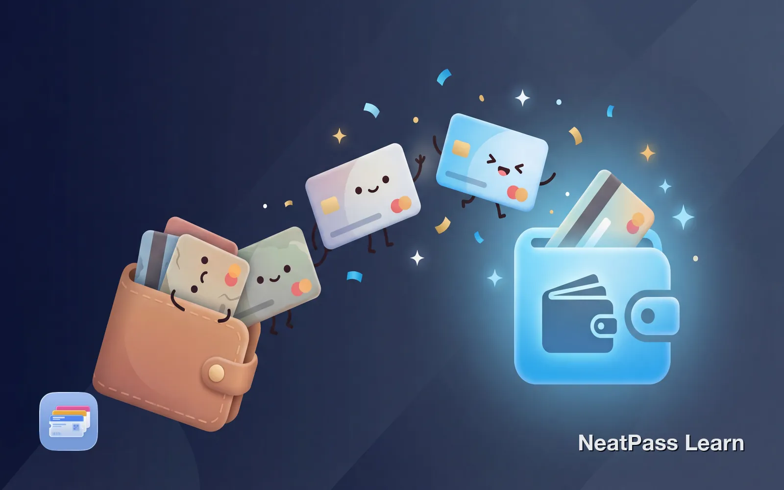 Colorful cards with happy faces leaving a bulky wallet and floating toward an iPhone, fresh clean aesthetic with sparkles