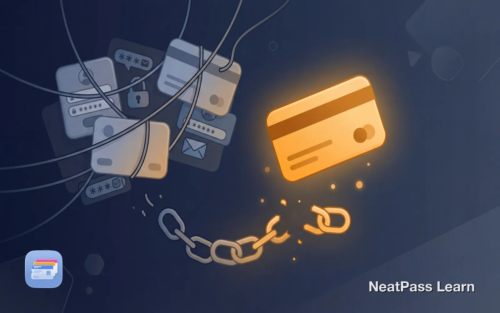 Cards tangled in wires, locks, and password fields on the left while a golden card floats free with broken chains