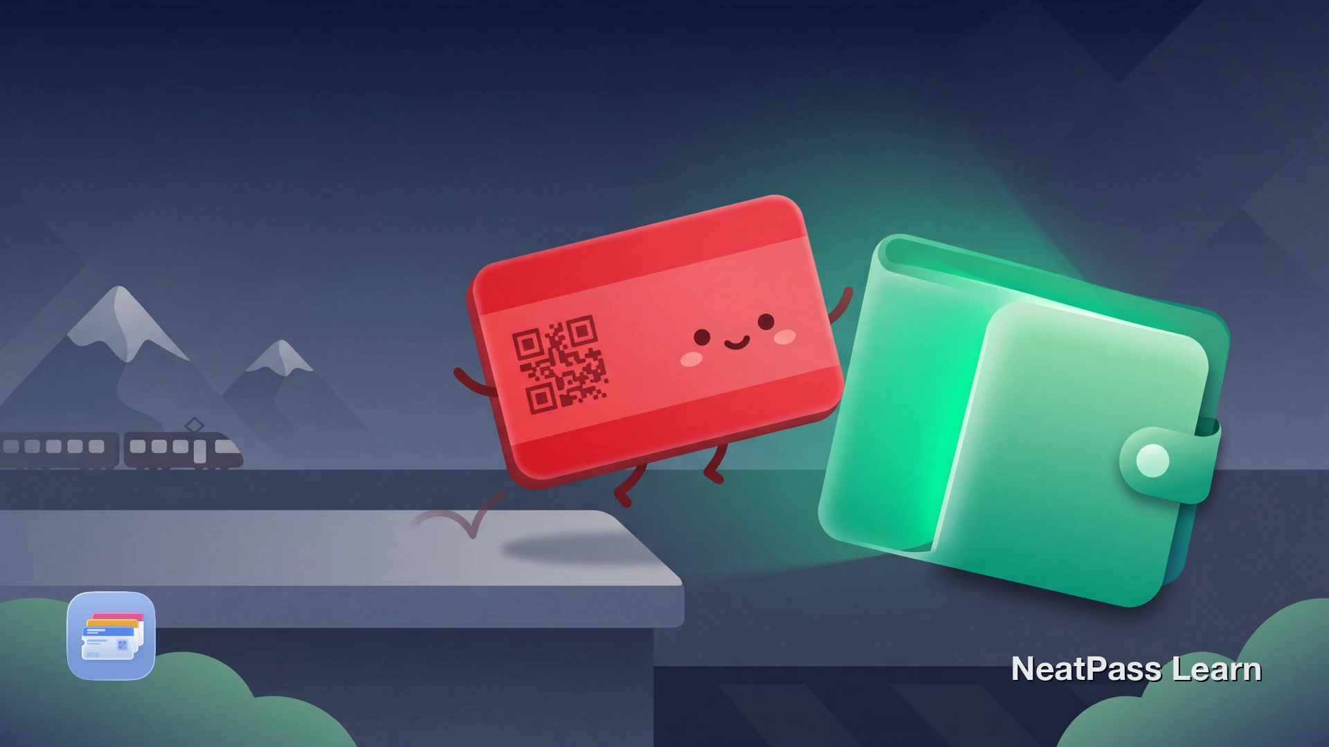 Stylized red ÖBB train ticket with a cute face hopping from an Austrian platform into a welcoming wallet with emerald glow and Alpine peaks in the background