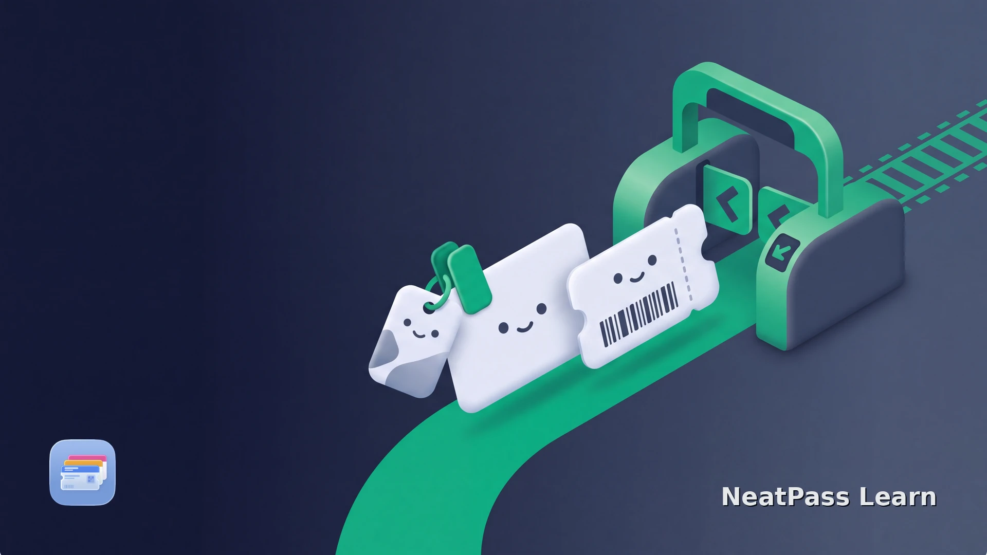 A discount card and separate train ticket travel together toward a rail gate with an ID token