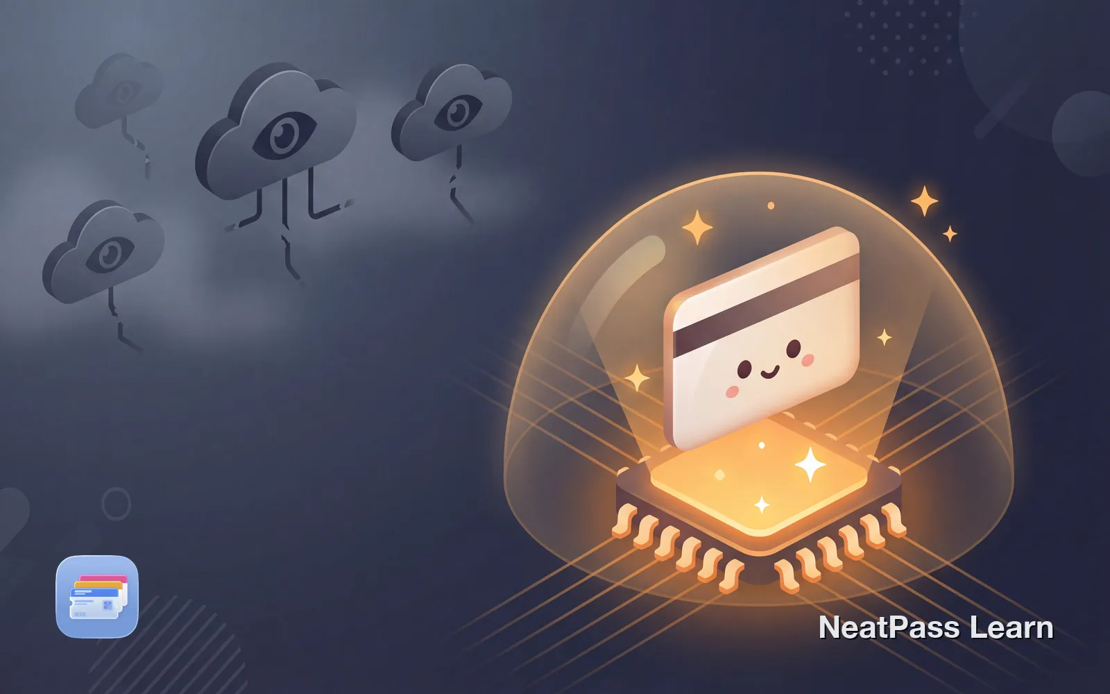 A friendly pass card being scanned by a glowing on-device chip while cloud servers with watching eyes remain disconnected in the distance