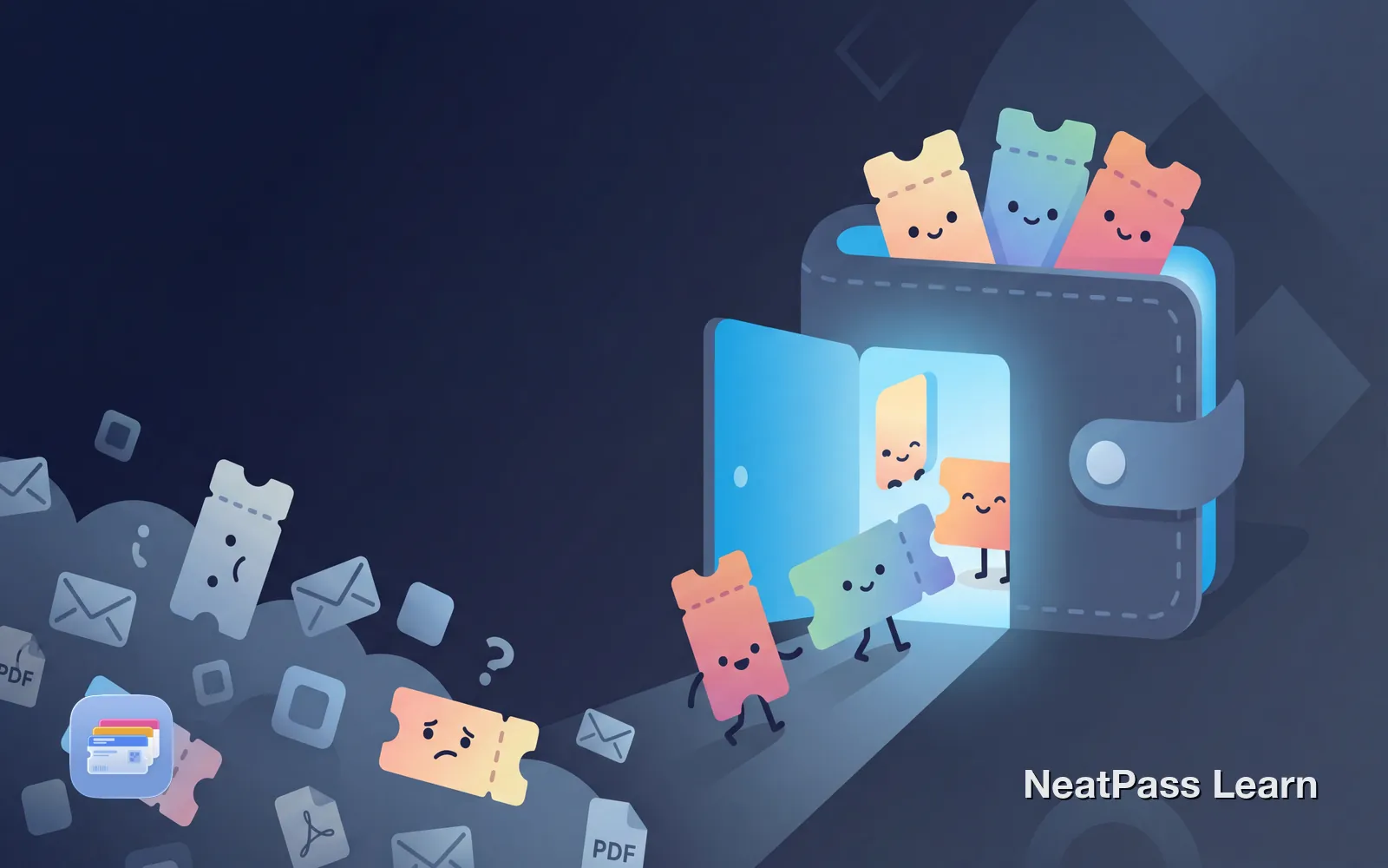 Colorful event tickets with happy faces happily gathering into a cozy wallet-shaped house