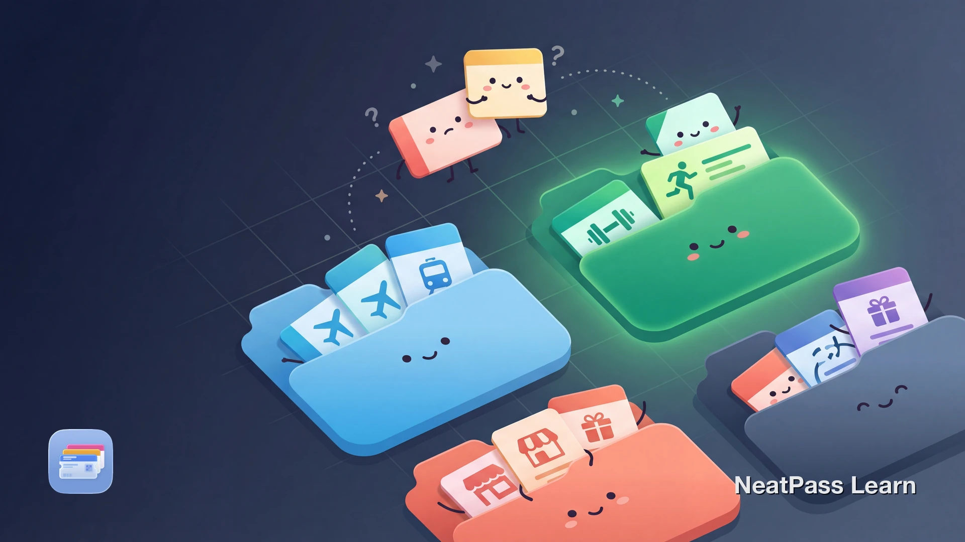 Colorful pass cards with happy faces being sorted into labeled folders inside a stylized wallet home