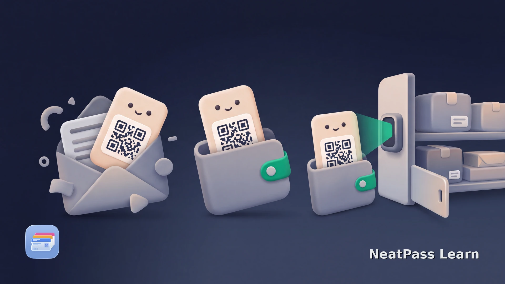 A saved QR collection pass leaves an envelope and opens a staffed parcel shelf