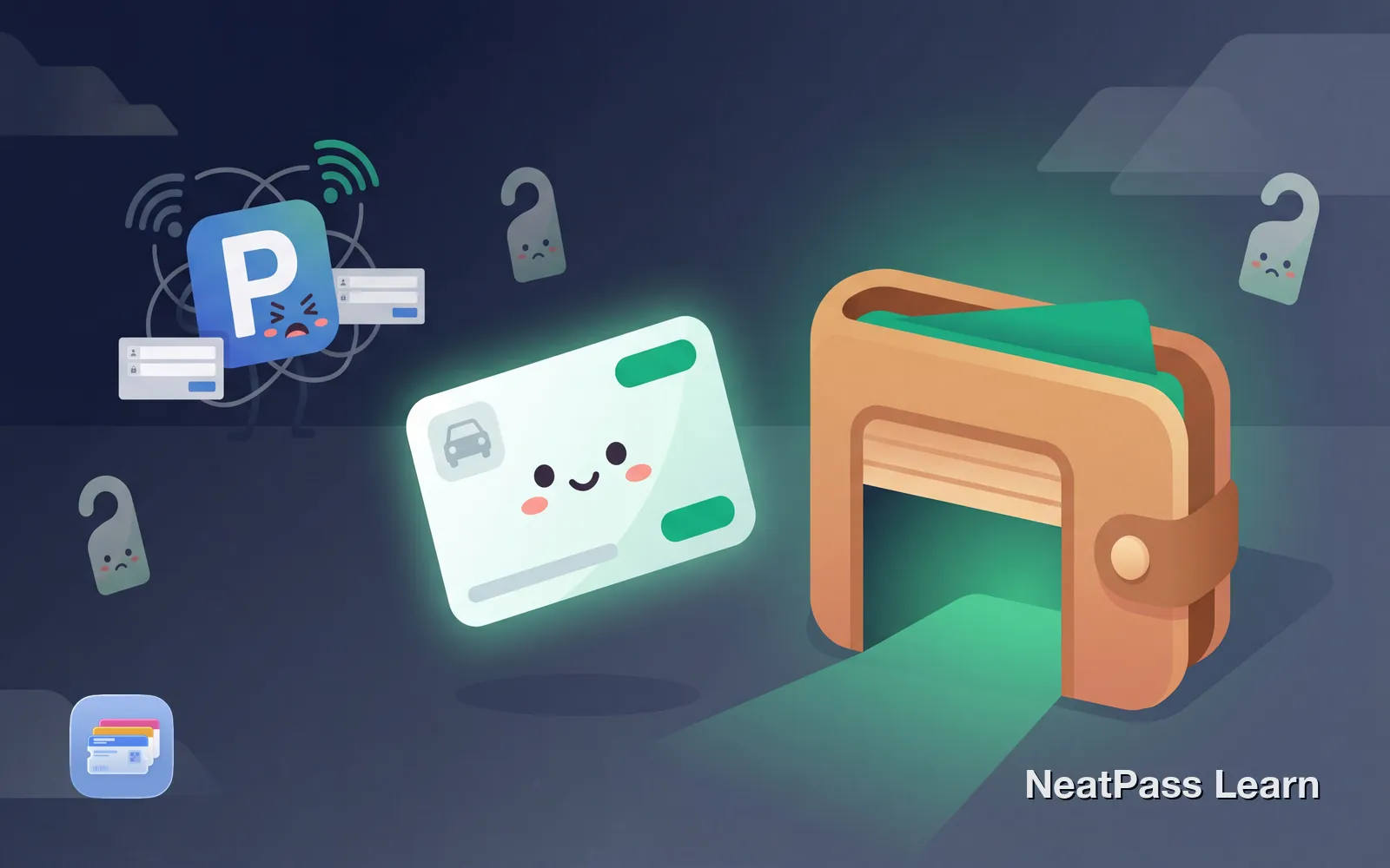 Stylized parking permit card with car icon floating toward a welcoming wallet with emerald glow