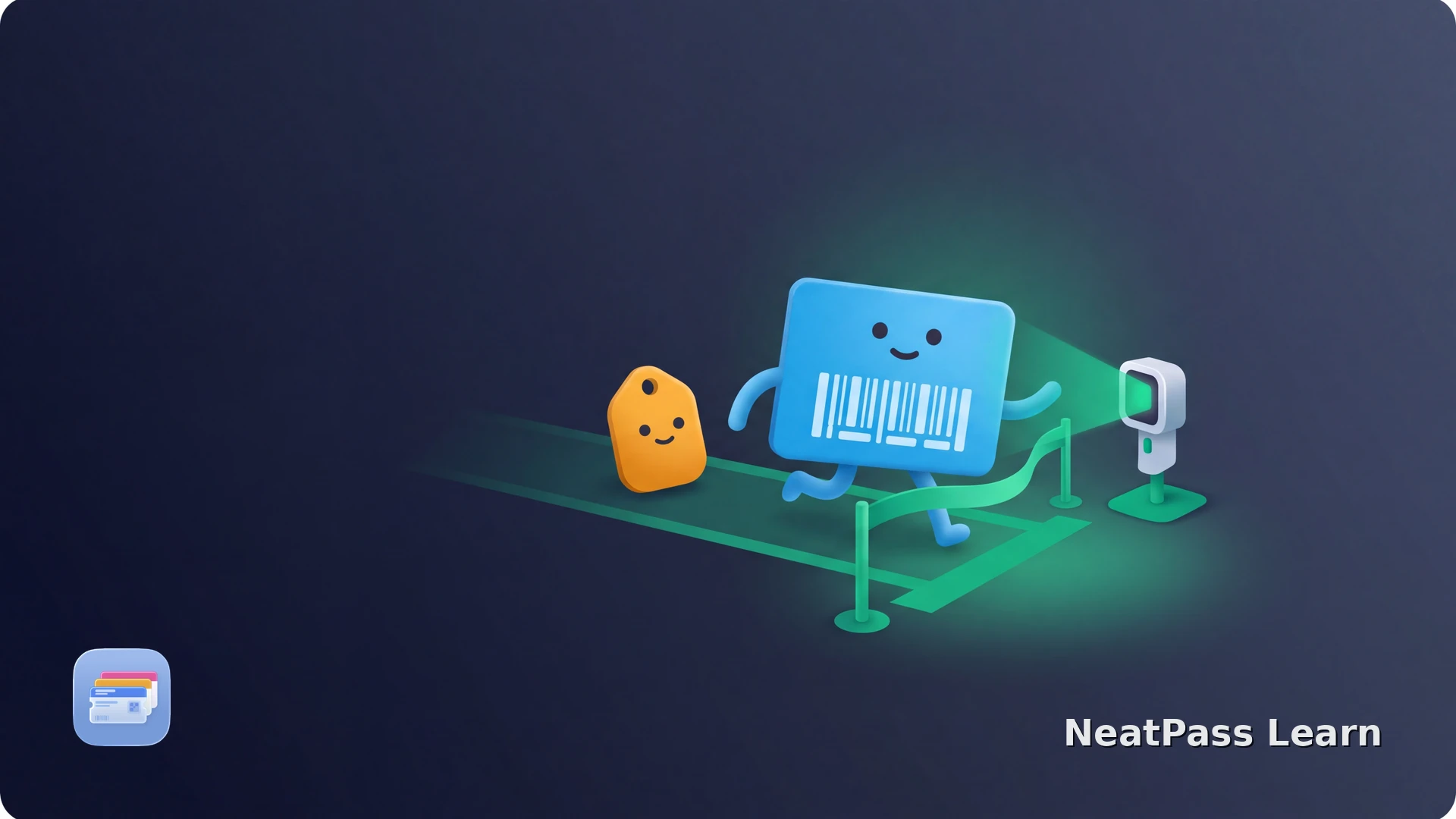 A smiling barcode card runs through a finish ribbon toward a small scanner