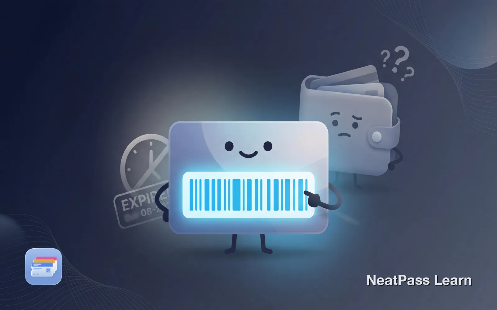 A friendly pass card marked expired standing confidently with its barcode glowing, proving it still works while Wallet looks confused