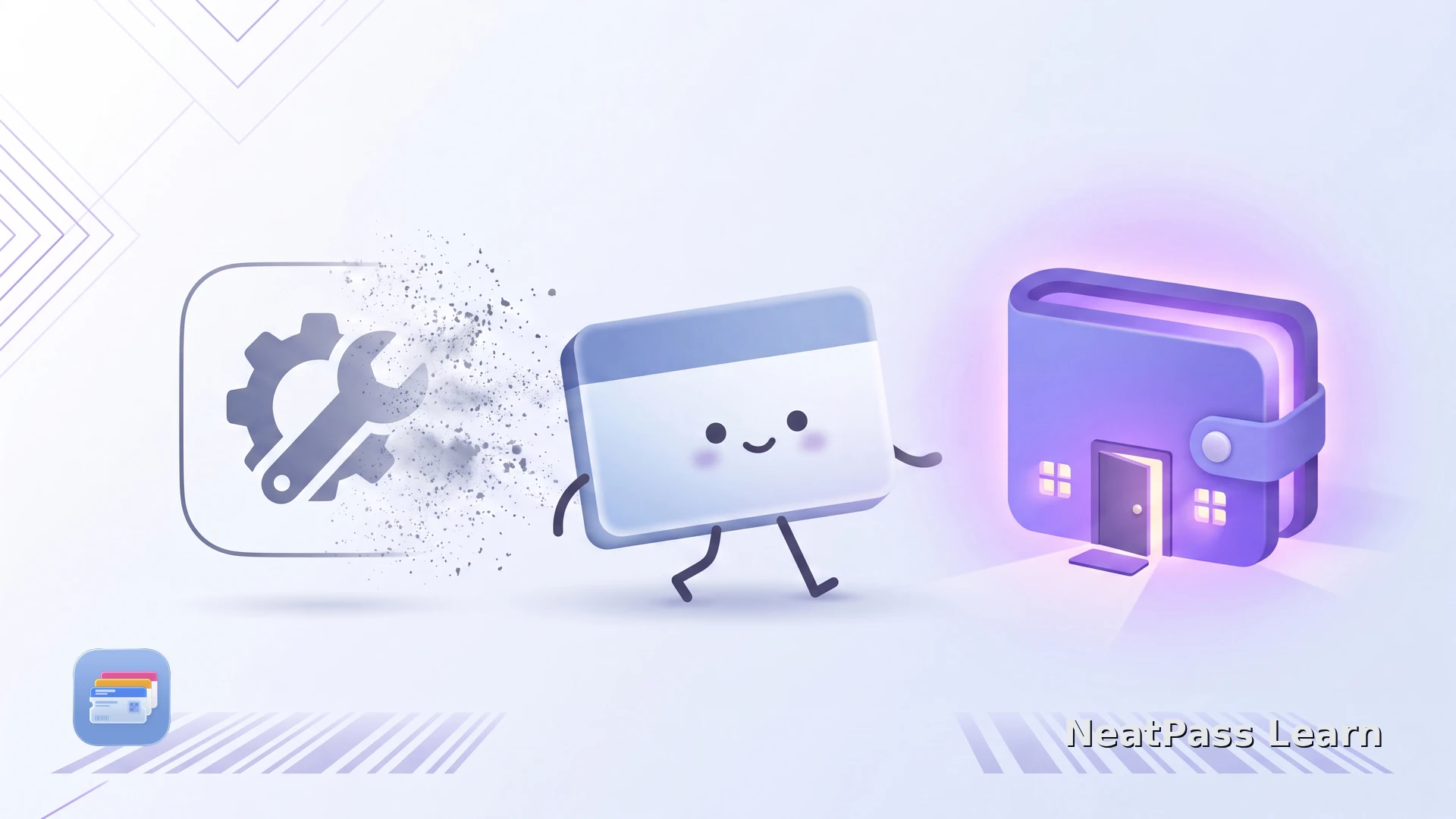 A cute pass card with a simple face steps out of a fading generic pass-maker app on the left toward a cozy violet-lit Apple Wallet home on the right, an even-handed comparison scene