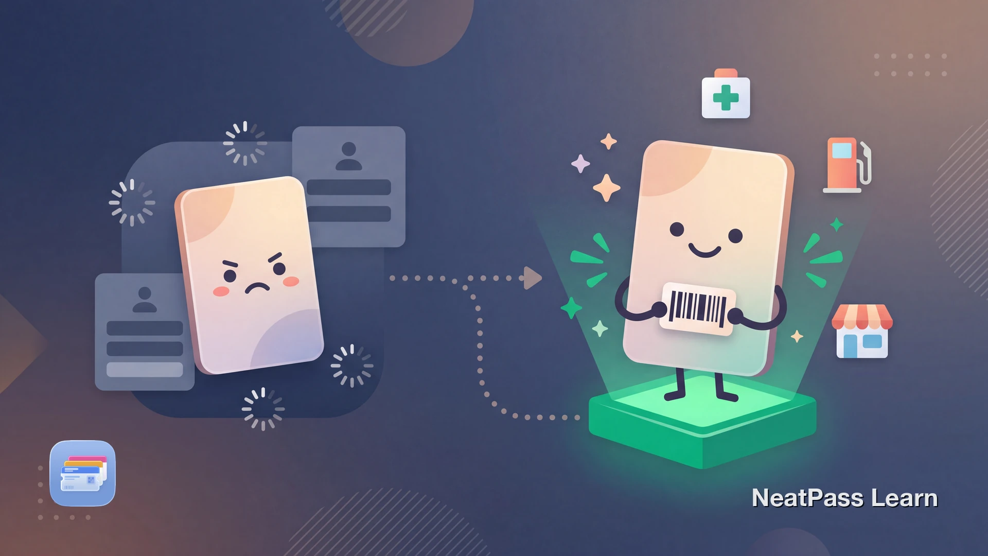 Stylized loyalty card with a friendly face floating toward a welcoming wallet icon with emerald glow, surrounded by small store icons