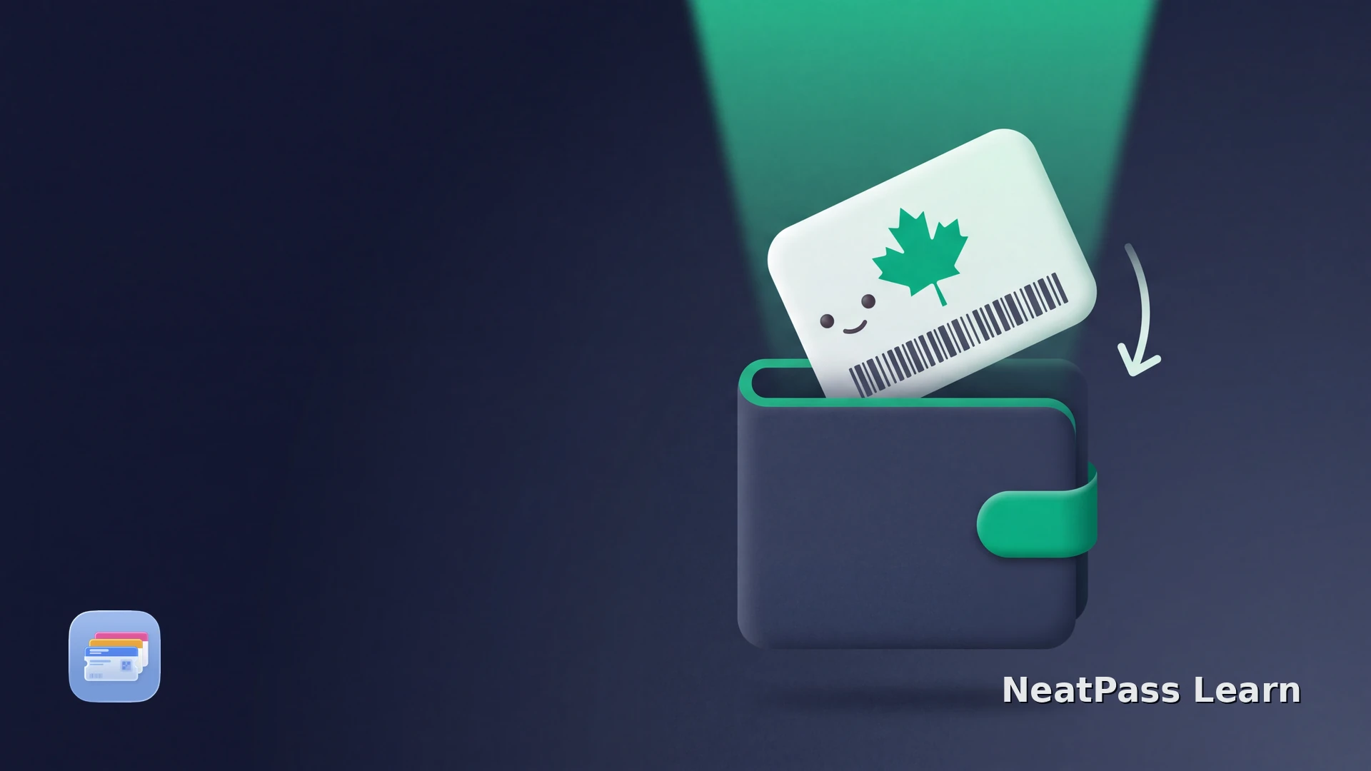 A grocery rewards card with a maple-leaf token scans at checkout and enters a wallet pouch