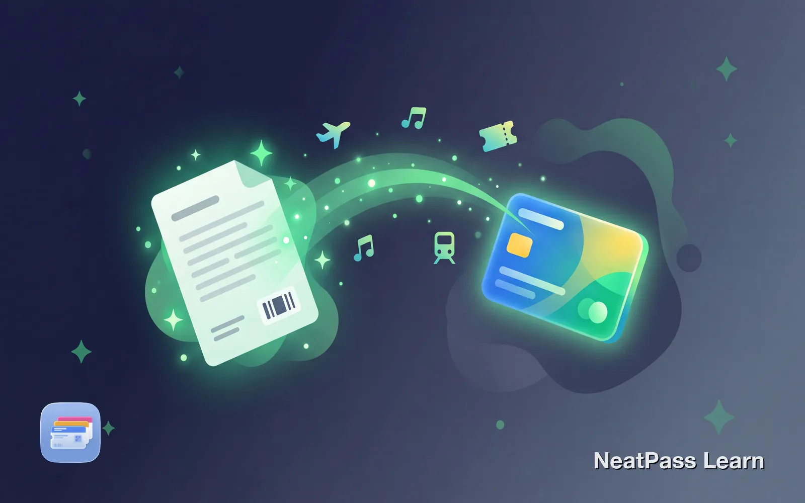 PDF document transforming via magical green stream into a colorful wallet pass with airplane and train icons