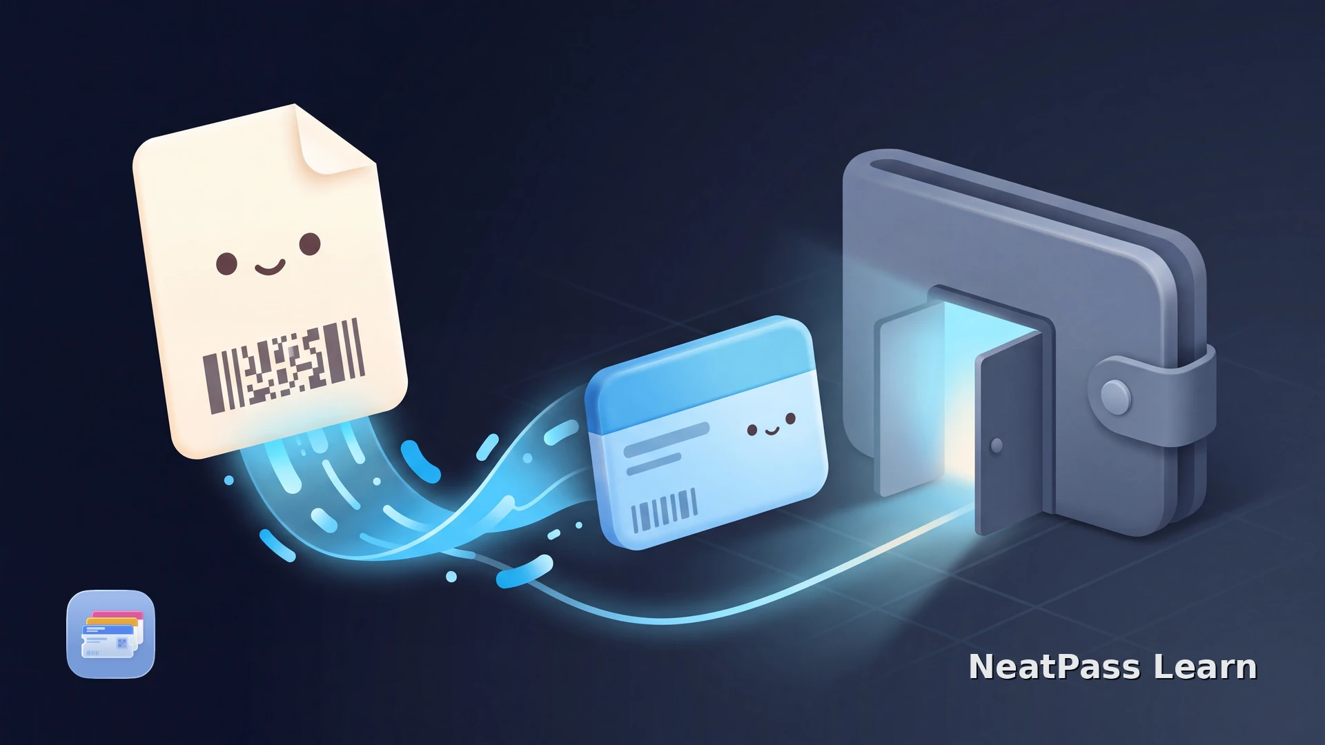 A PDF document floating toward a glowing wallet-home with emerald light, its barcode lifting out to become a pass