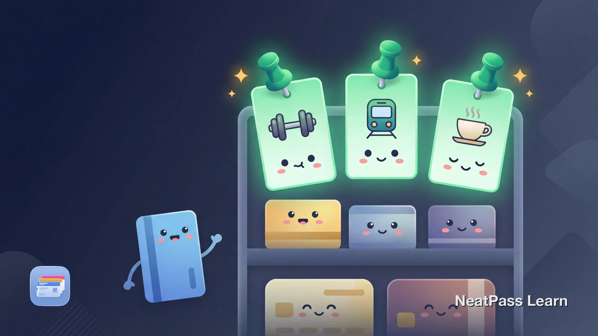 Happy pass cards with kawaii faces pinned to the top of a cozy wallet, with emerald glow highlighting favorites