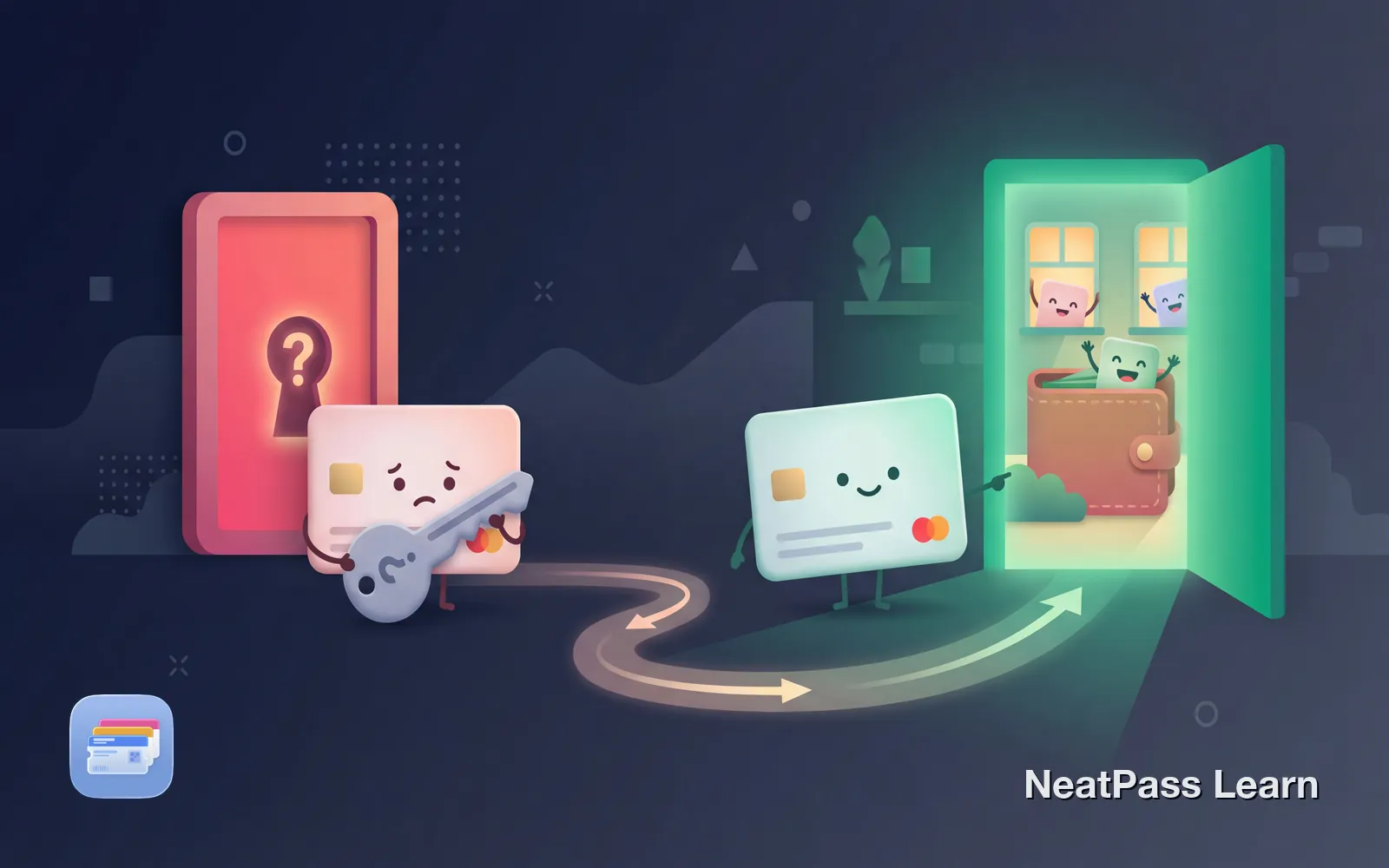 A frustrated pass card trying to enter a locked wallet door, with a helpful guide showing the way in