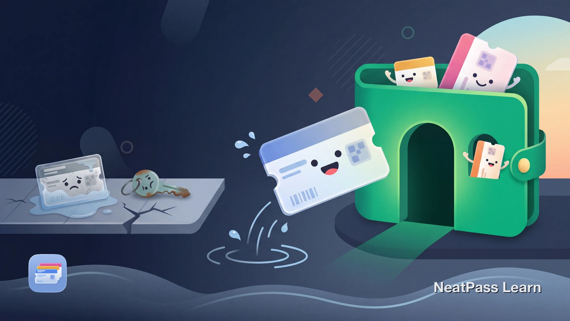 Playful illustration of a friendly pool membership card floating above stylized water waves toward a welcoming wallet with emerald glow