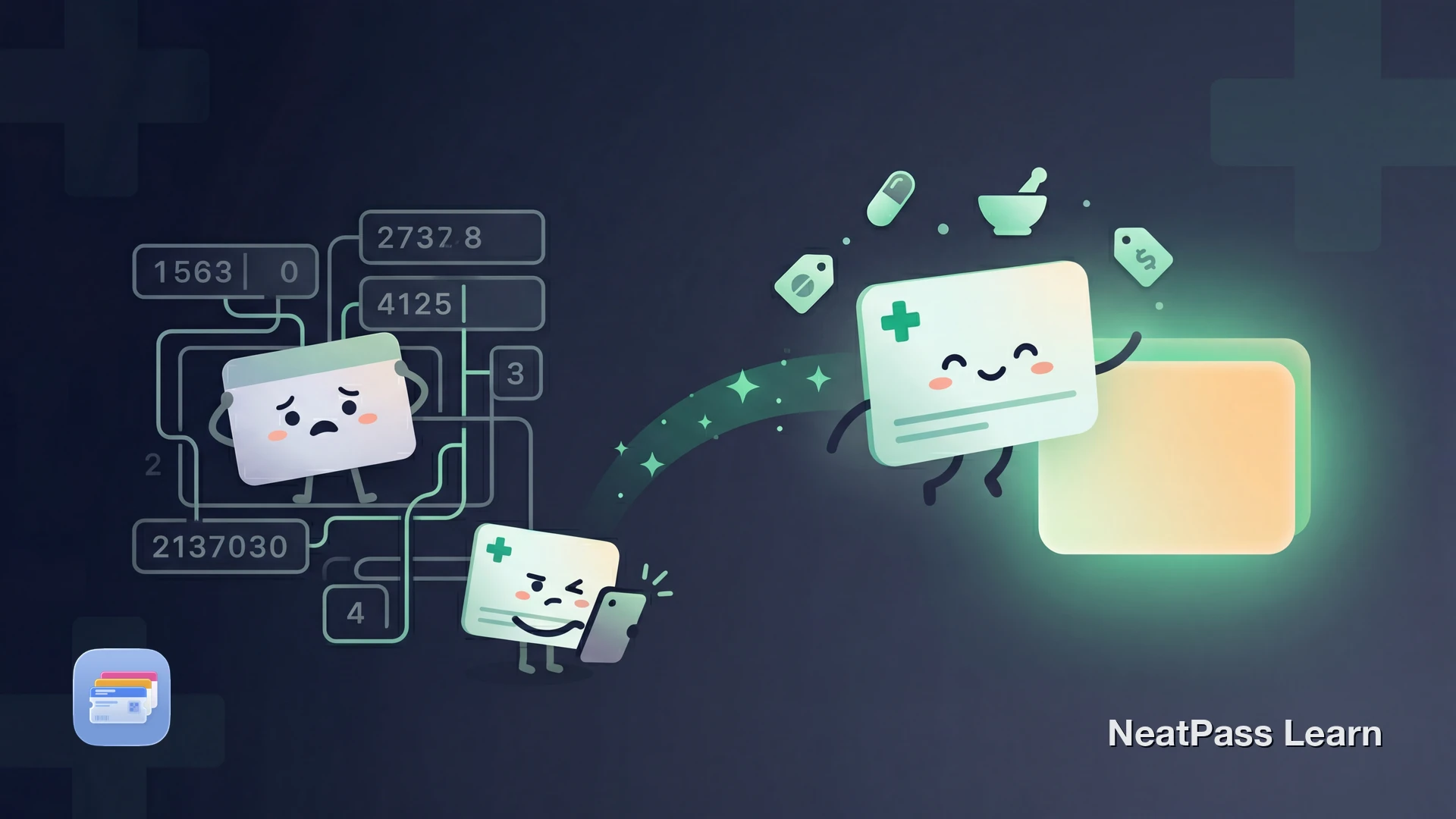 Friendly prescription discount card with pharmacy symbols floating toward a welcoming Apple Wallet with emerald glow