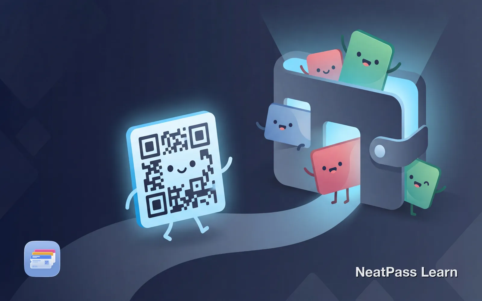 A friendly QR code character walking toward a welcoming Apple Wallet home, with other passes happily peeking out from windows