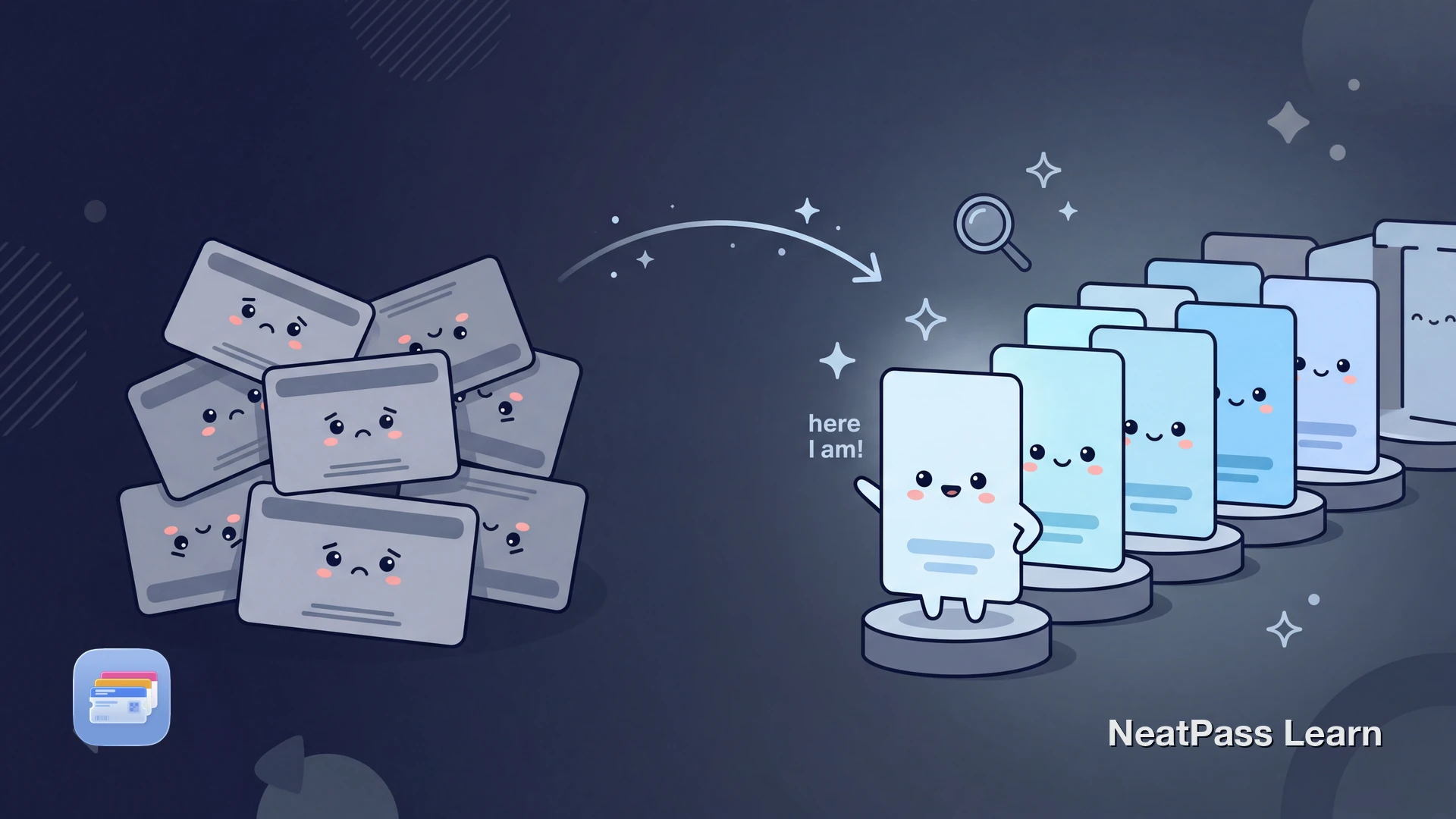 Several Wallet passes being renamed with clear labels and colors, making a crowded pass library easier to navigate