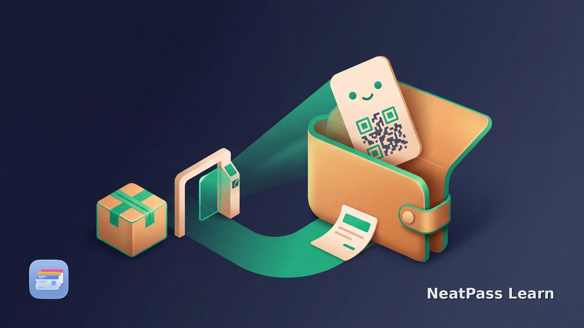 A saved return QR pass leaves a document and opens a parcel-counter gate beside a box