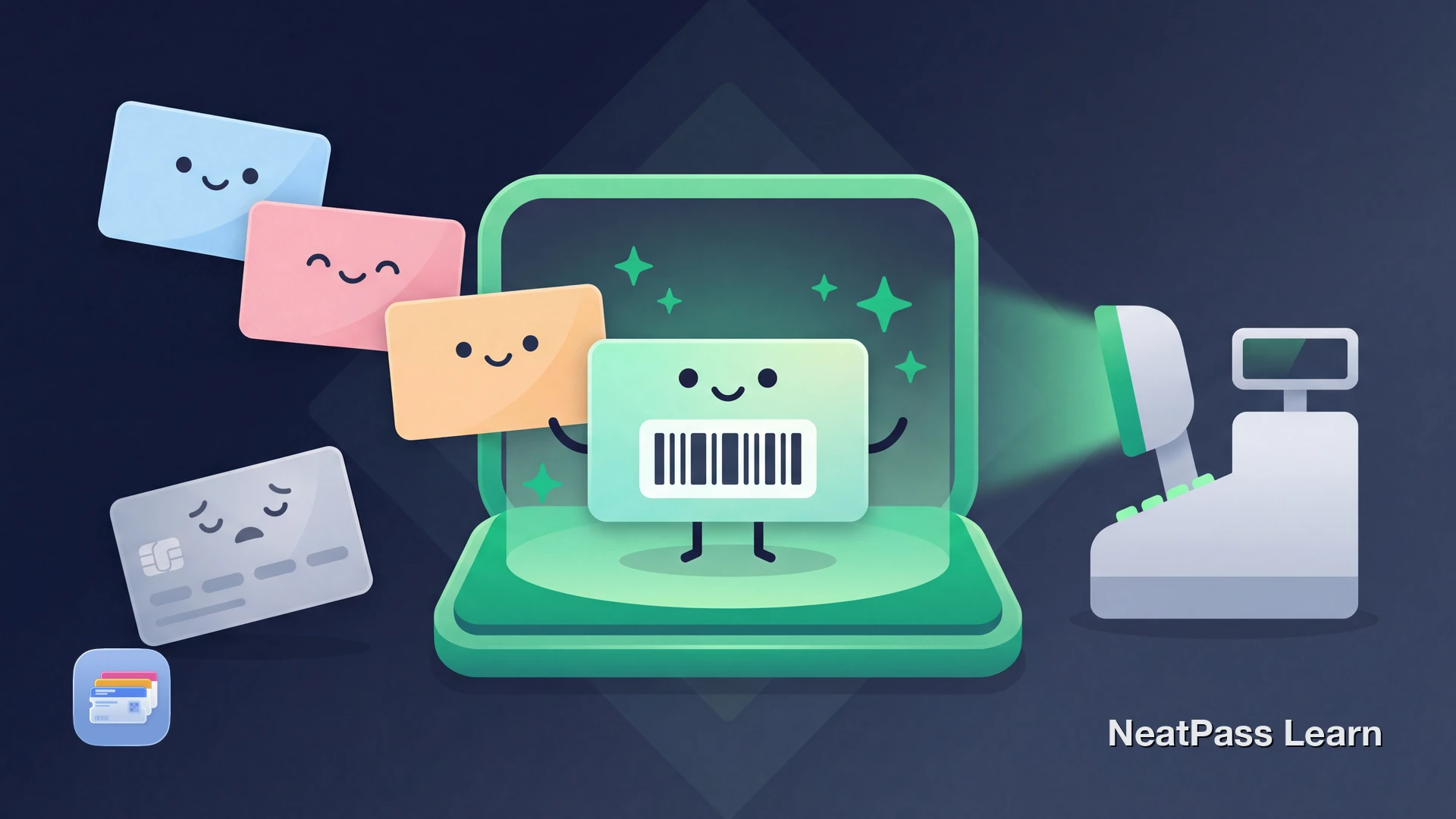 Stylized rewards cards with cute faces floating toward a welcoming wallet with emerald glow