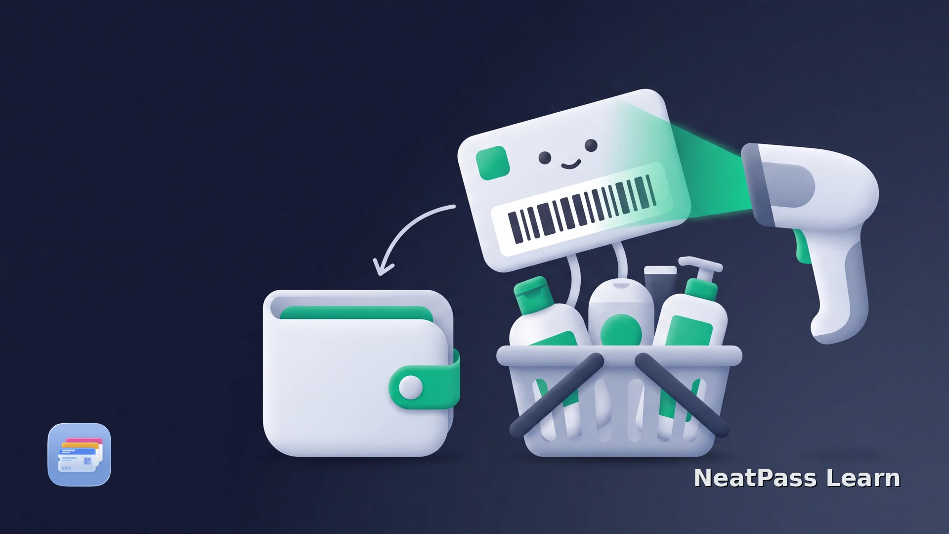 A drugstore loyalty card rises from a toiletries basket and enters a wallet pouch