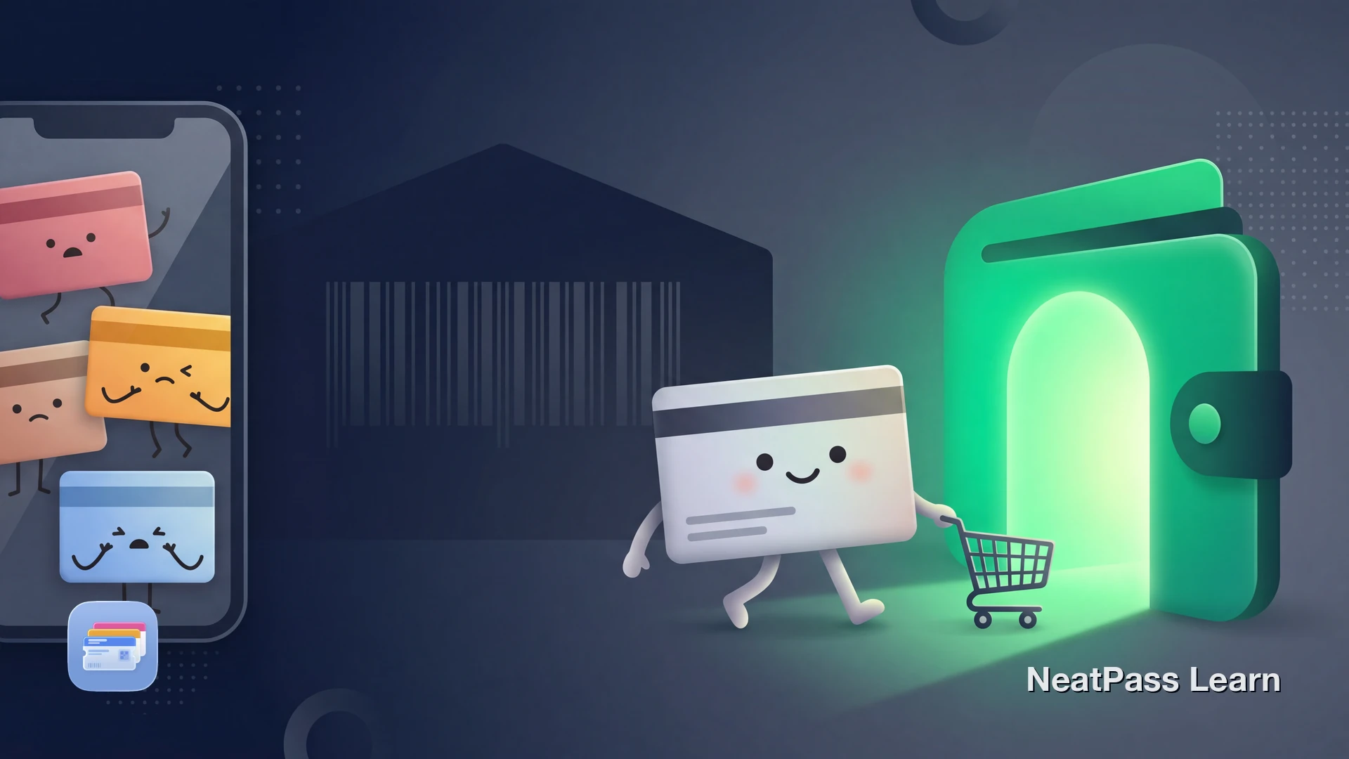 Stylized warehouse membership card with a friendly face floating toward a welcoming wallet icon with emerald glow