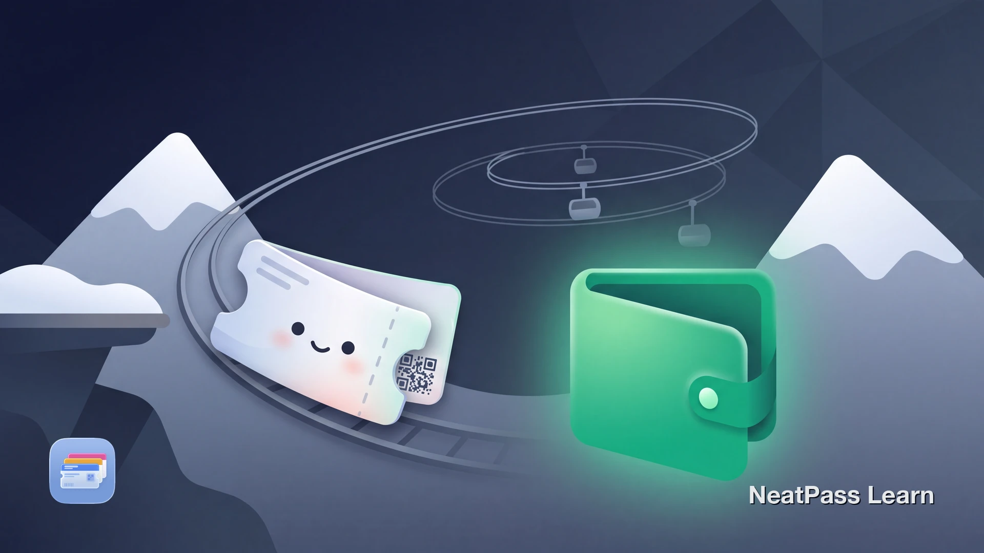 Stylized Swiss train ticket with a cute face riding from an alpine platform into a welcoming wallet glowing emerald, with mountain silhouettes in the background