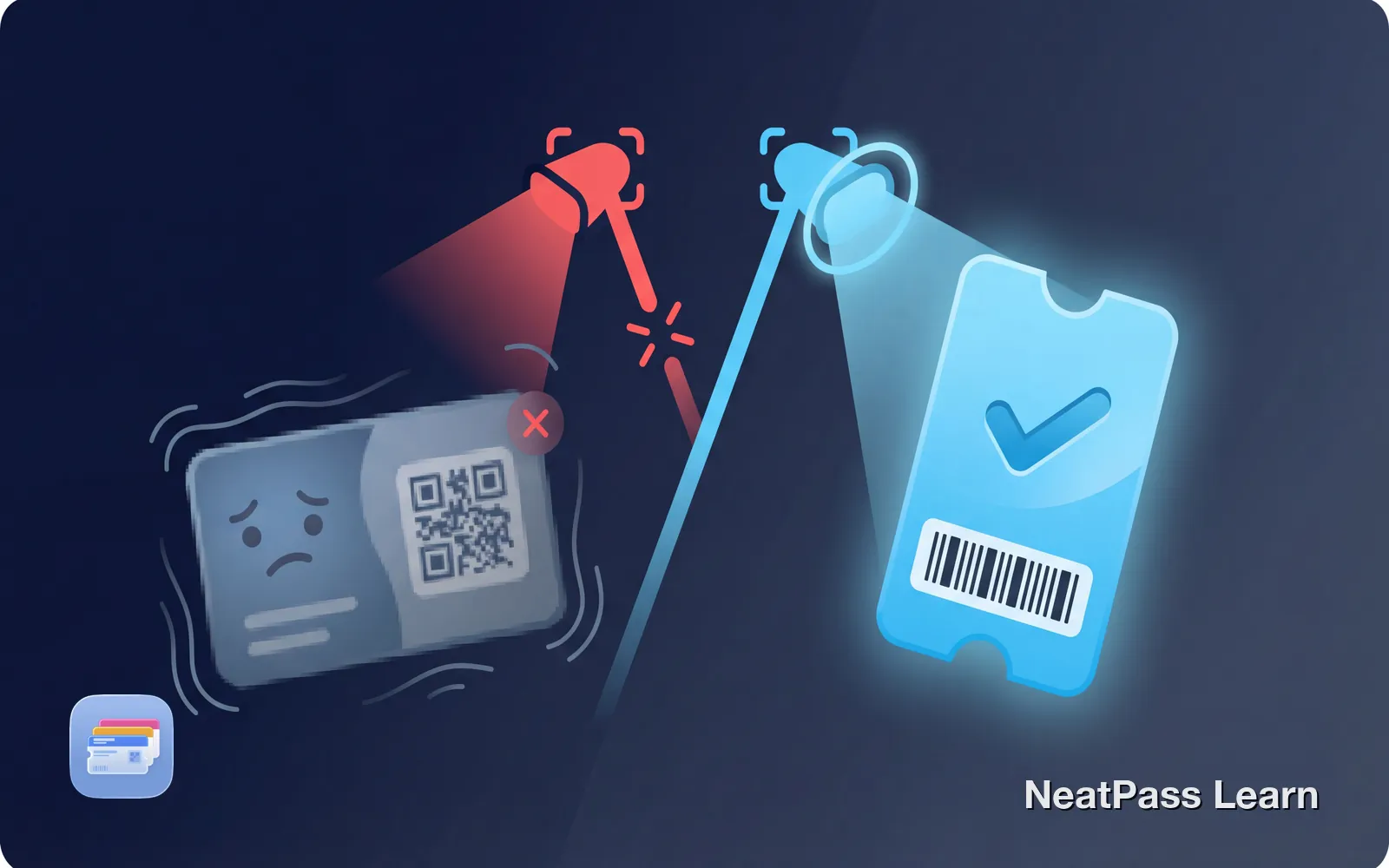 Blurry screenshot ticket failing to scan with red X on the left versus clean wallet pass scanning successfully with checkmark on the right