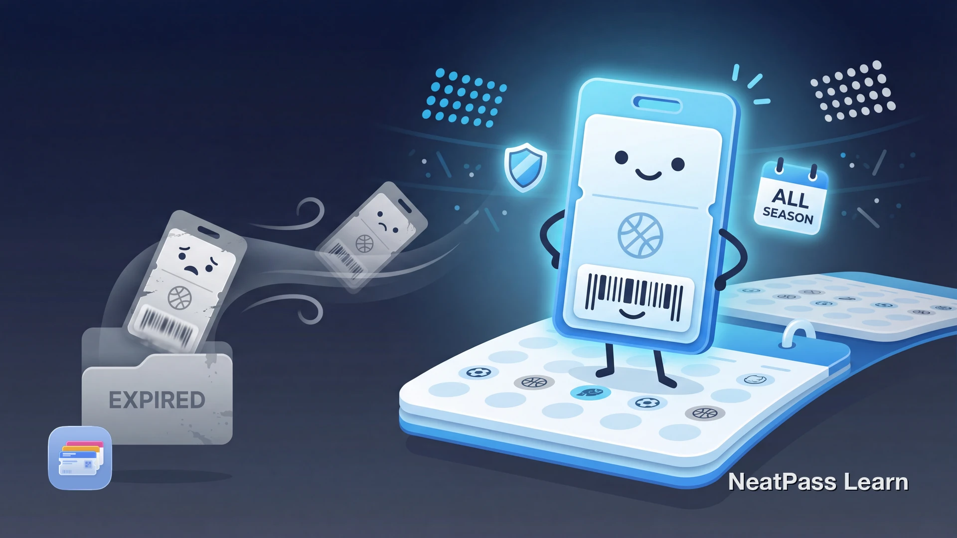 A friendly season ticket pass with a calendar showing multiple game days, staying visible and scannable while other tickets fade into the expired folder