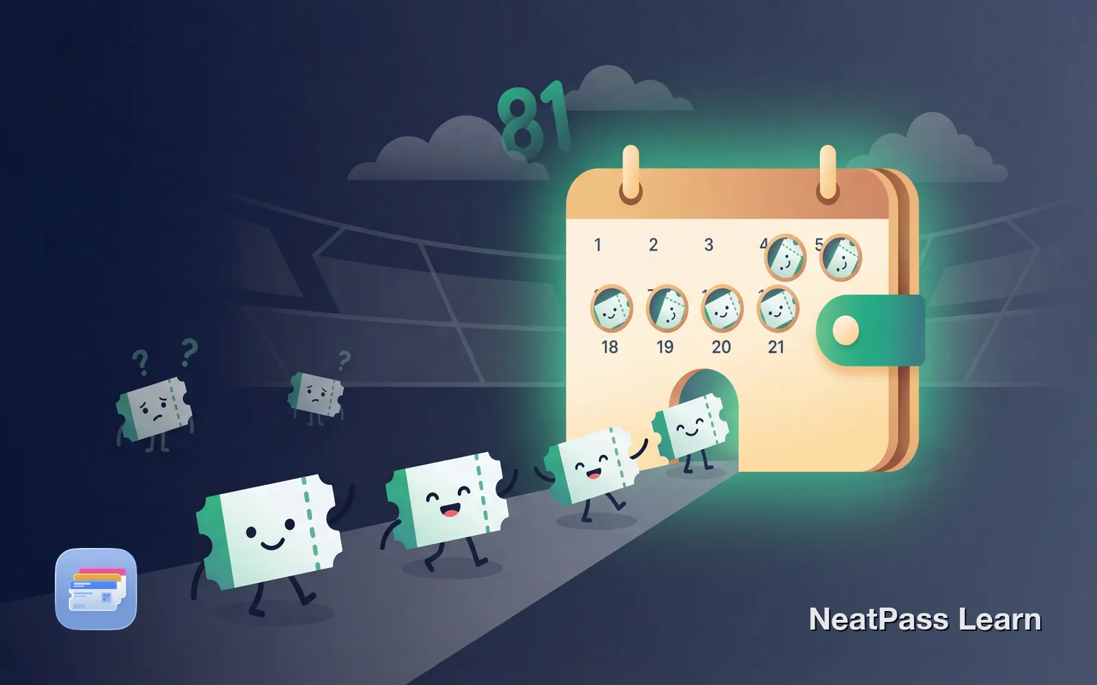 A stack of happy ticket cards marching into a calendar-shaped wallet, with emerald accents representing multiple games throughout a season