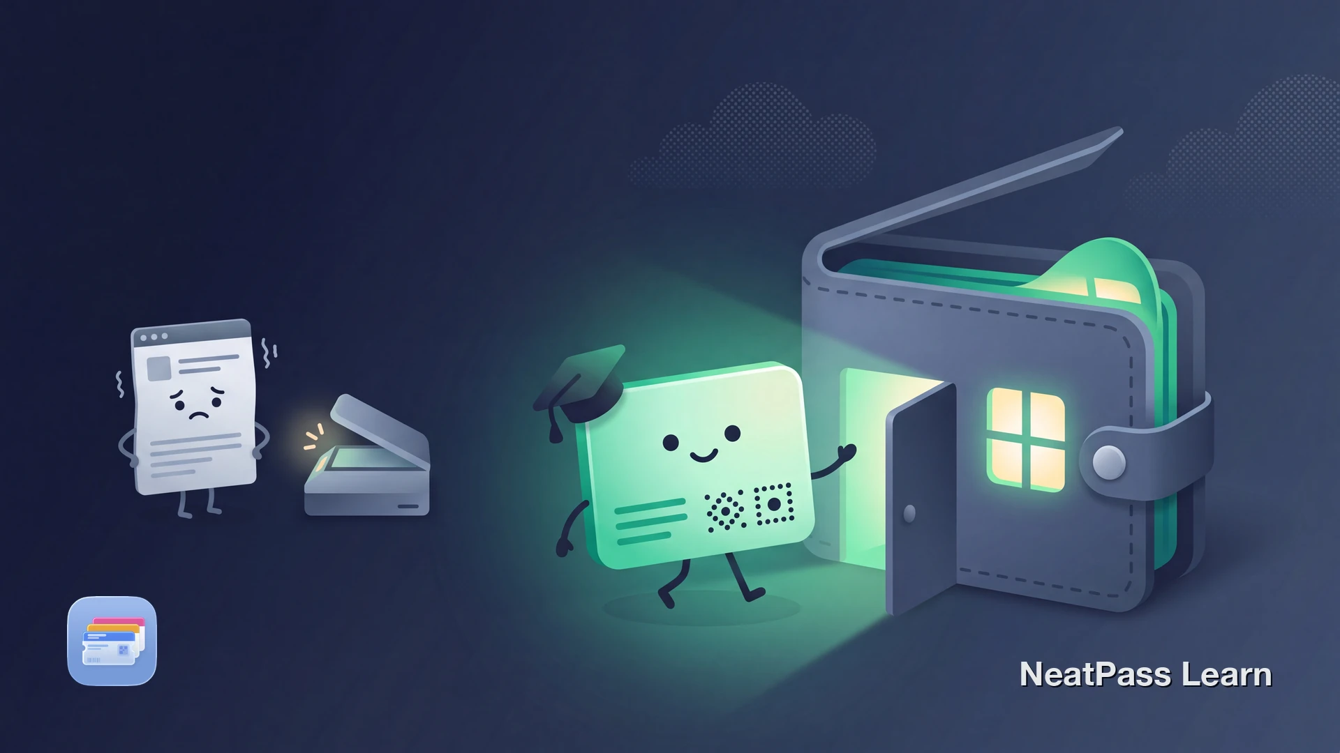 A friendly kawaii student-ticket card wearing a little graduation cap happily walking into a cozy wallet-house with a warm emerald glow, while a worried screenshot card waits stuck outside near a scanner