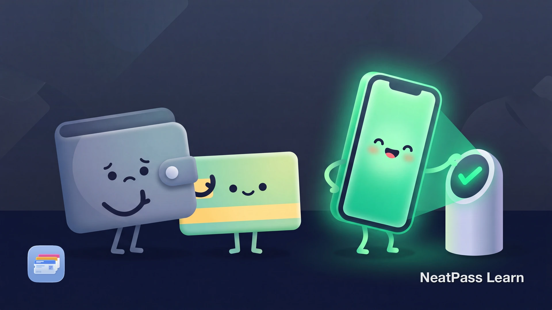 Stylized SEPTA Key card with a cute face standing next to an Apple Wallet that politely says no, while a smartphone with Express Mode taps a contactless fare validator nearby