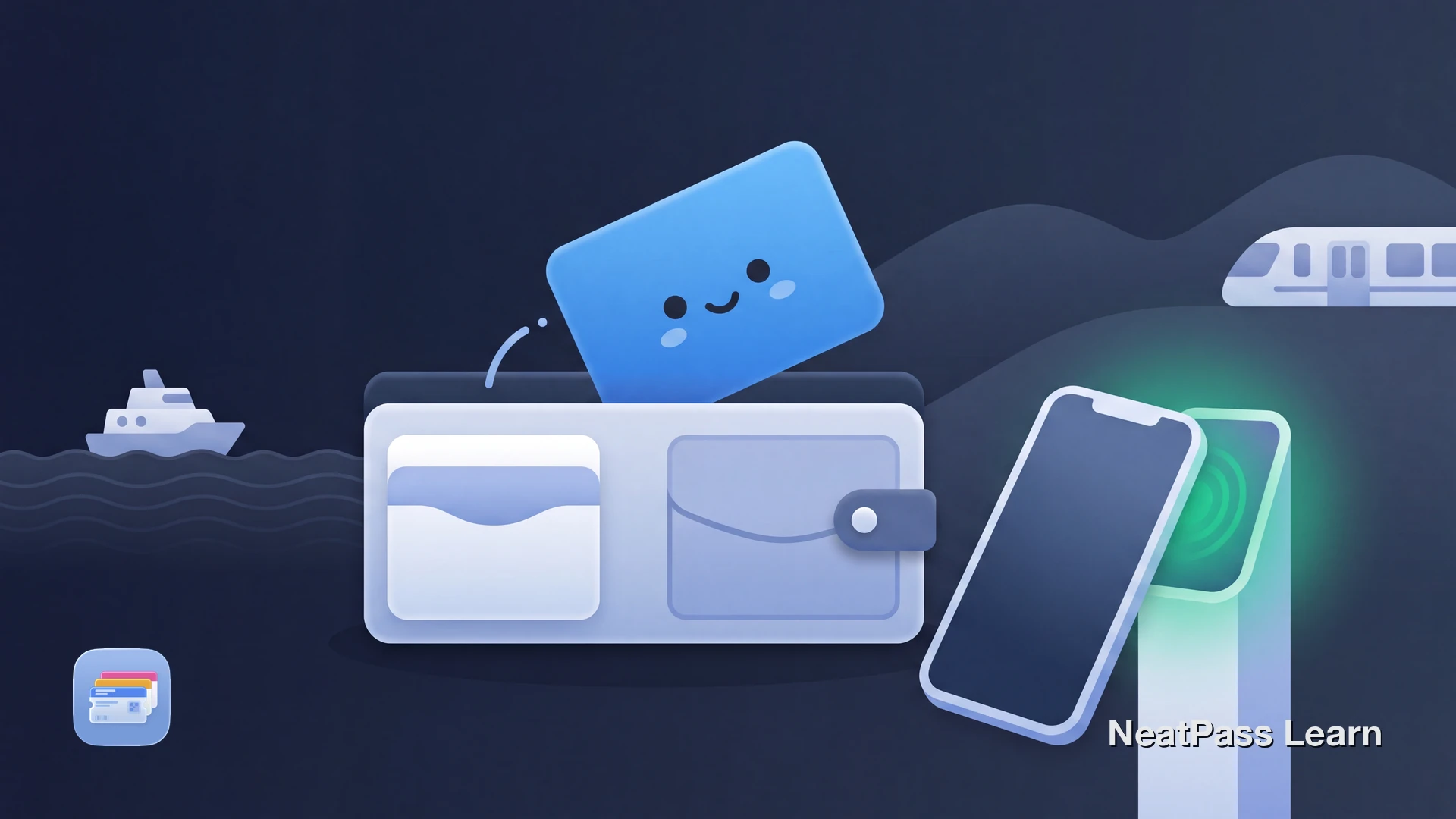 Stylized blue Clipper transit card with a cute happy face hopping into an open Apple Wallet, while a smartphone taps a Bay Area transit reader with a green Express Transit glow nearby