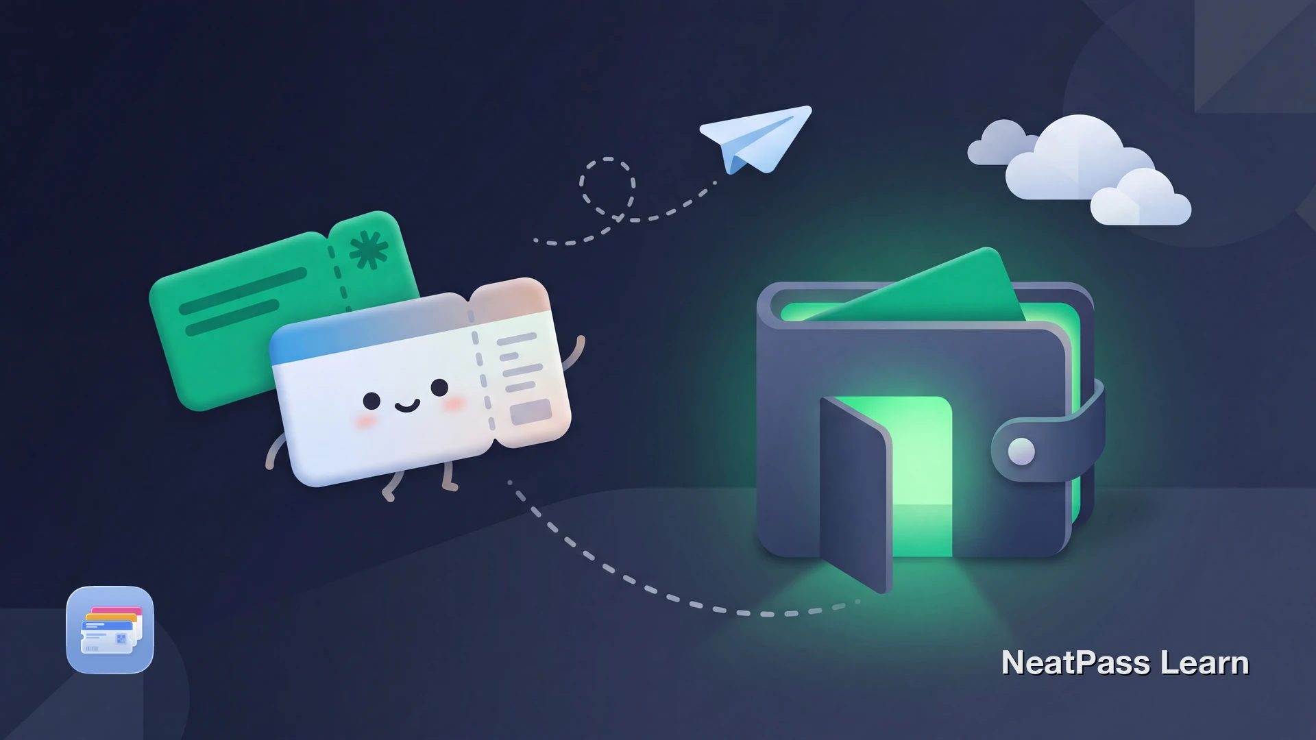 A friendly Singapore Airlines-style boarding pass with a happy face floating into a glowing Apple Wallet house, with soft clouds and a paper airplane nearby